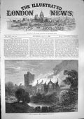 Original Old Antique Print 1868 Fire Greystoke Castle Cumberland Building Trees