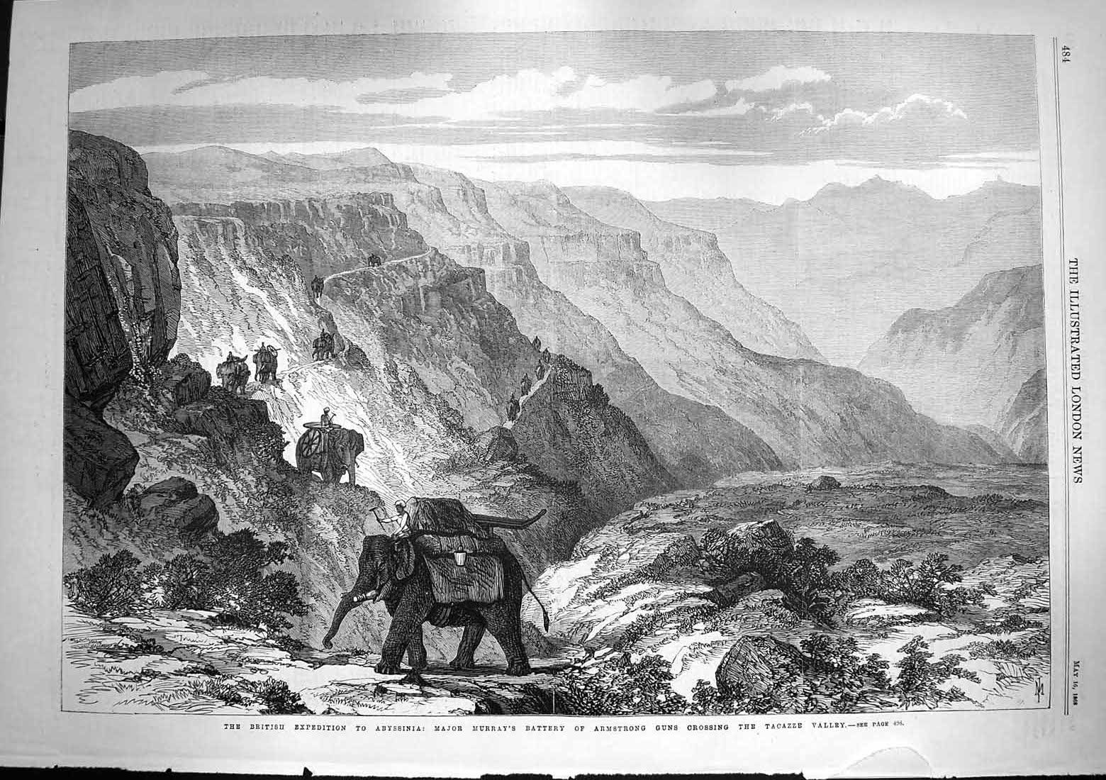 Original Old Antique Print 1868 Abyssinia Major Murray Armstrong Guns Tacazze