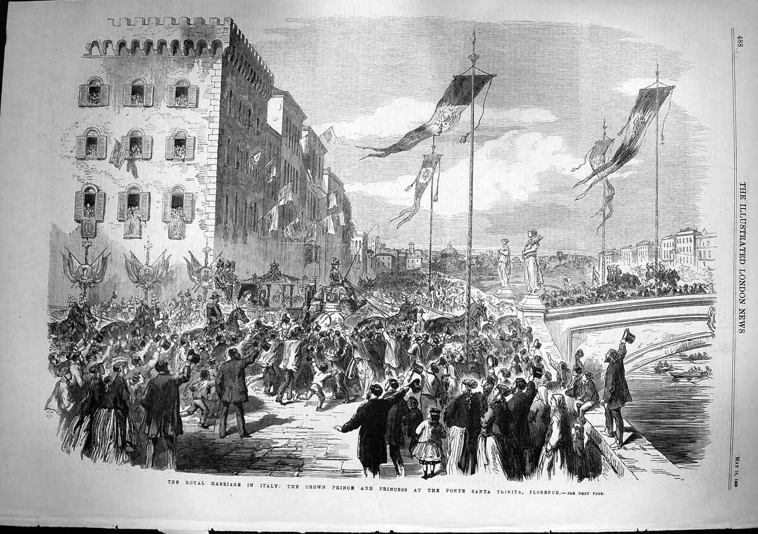 Old Antique Print 1868 Royal Wedding Italy Crown Prince Trinita Florence 19th