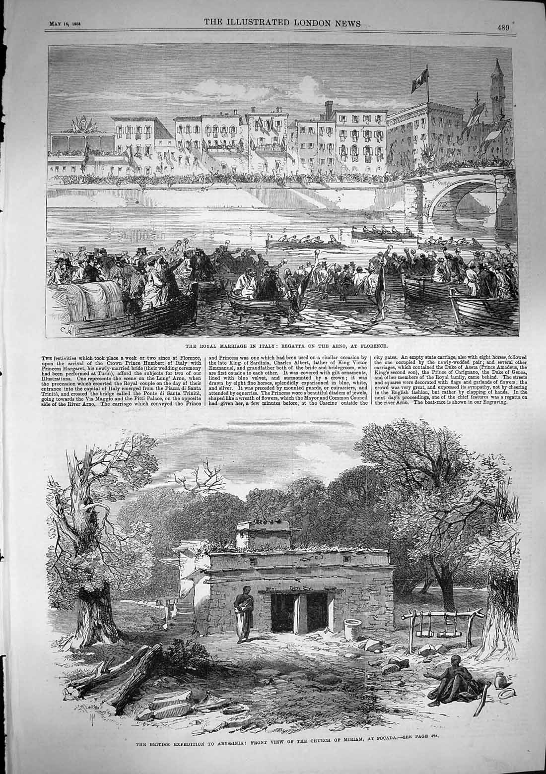 Old Antique Print 1868 Royal Marriage Italy Arno Abyssinia Church Focada 19th
