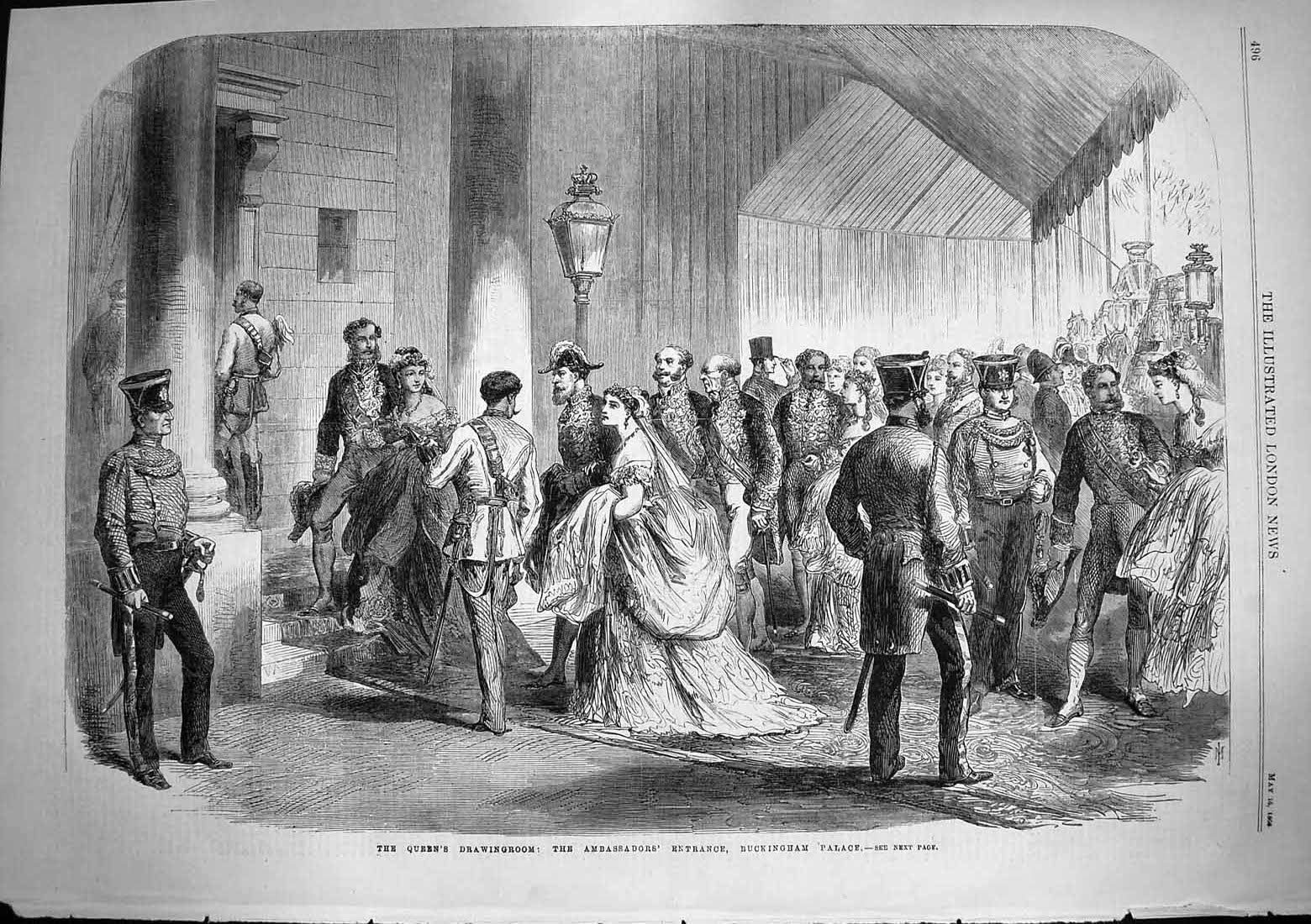 Original Old Antique Print 1868 Queen Drawingroom Ambassadors Buckingham Palace