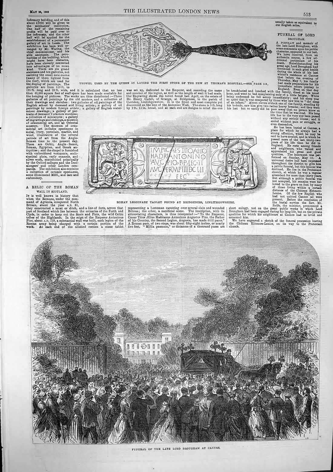 Original Old Antique Print 1868 Funeral Late Lord Brougham Cannes Roman Relics