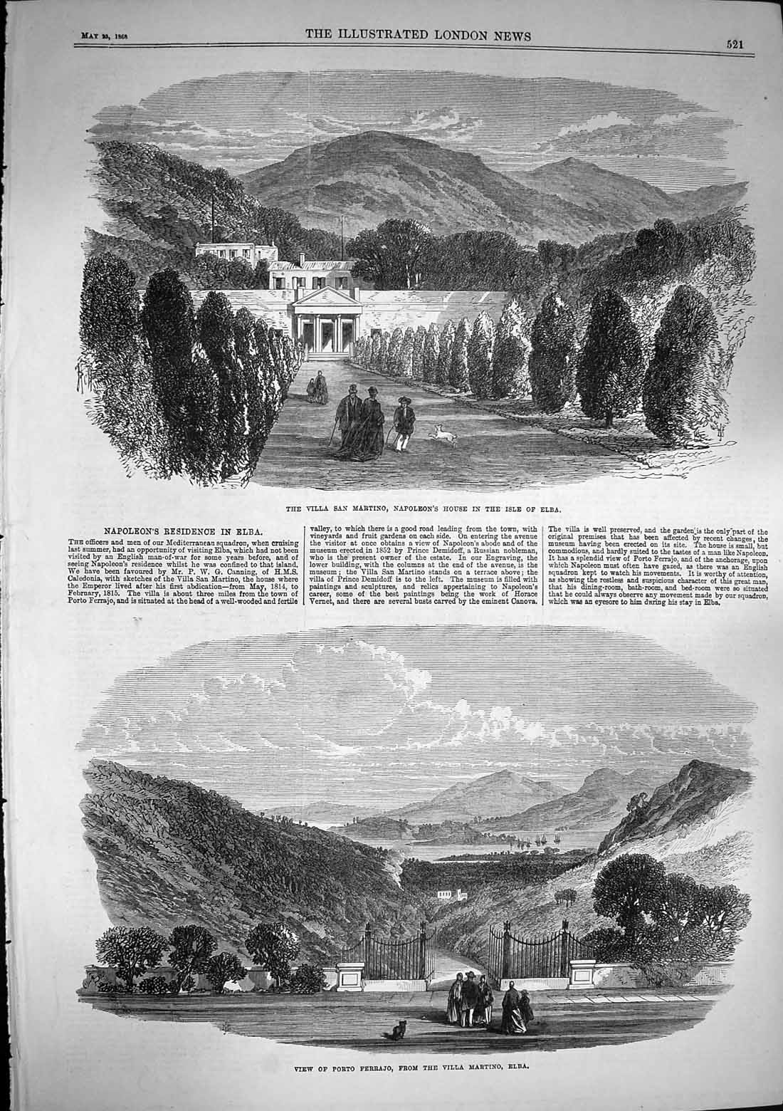 Original Old Antique Print 1868 Villa San Martino Napoleon Isle Elba Porta 19th