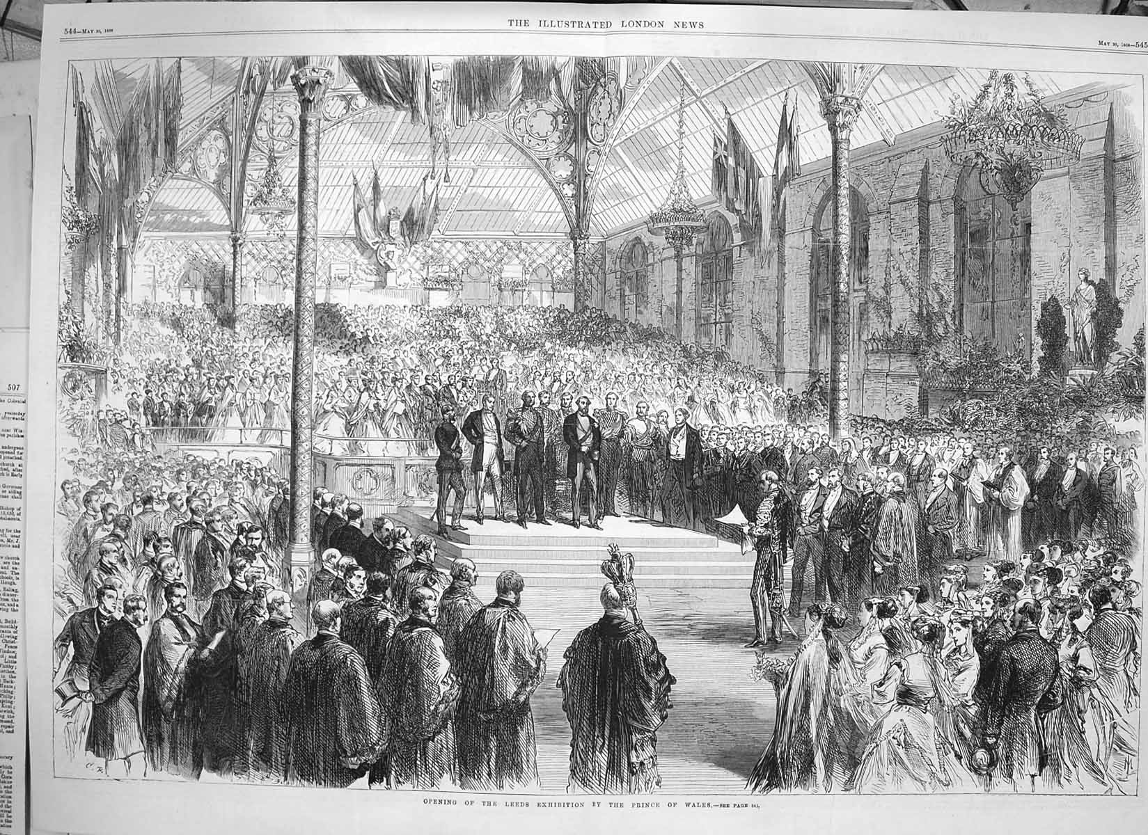 Original Old Antique Print 1868 Opening Leeds Exhibition Prince Wales 19th