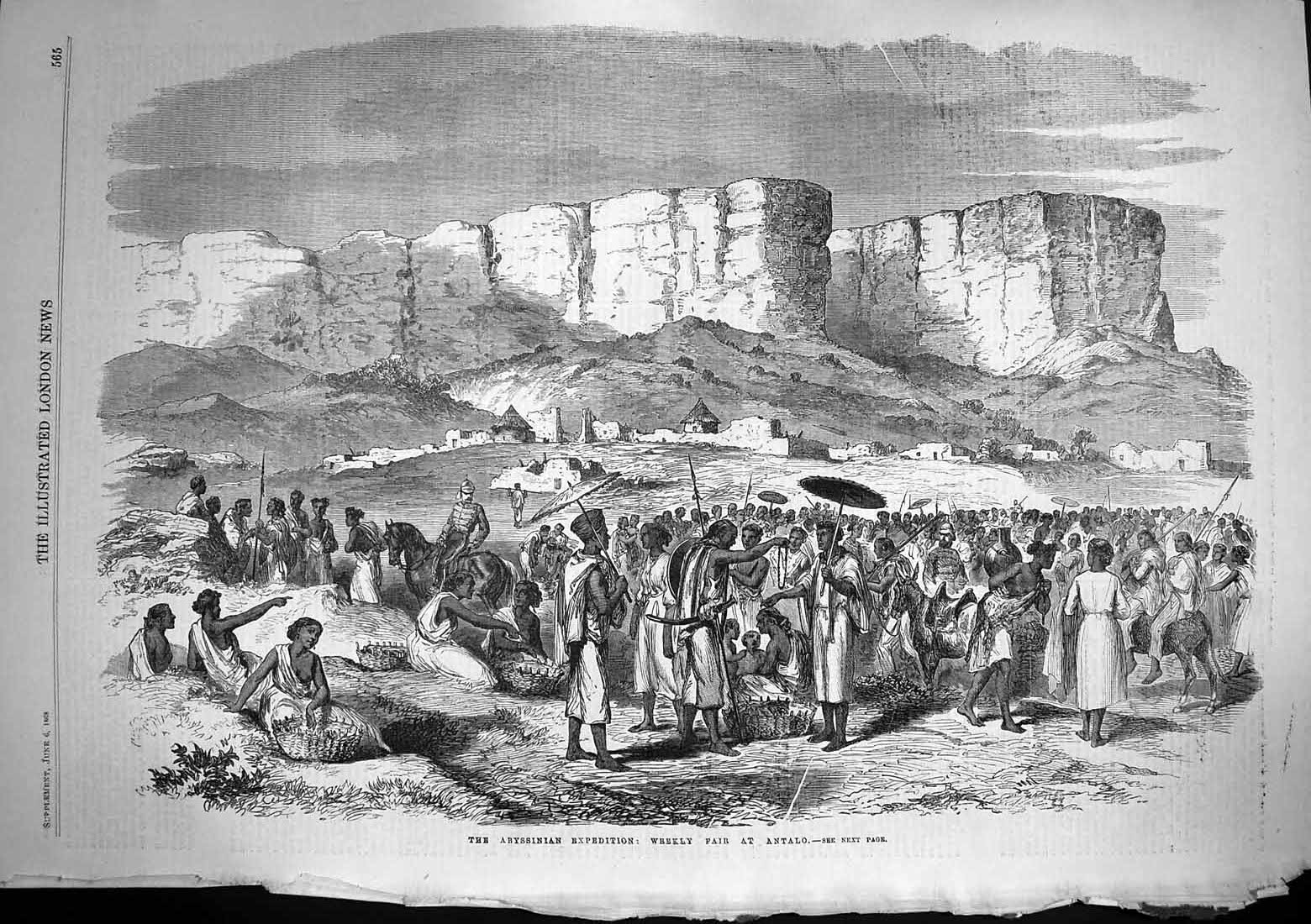 Original Old Antique Print 1868 Abyssinia Expedition Weekly Fair Antalo Natives