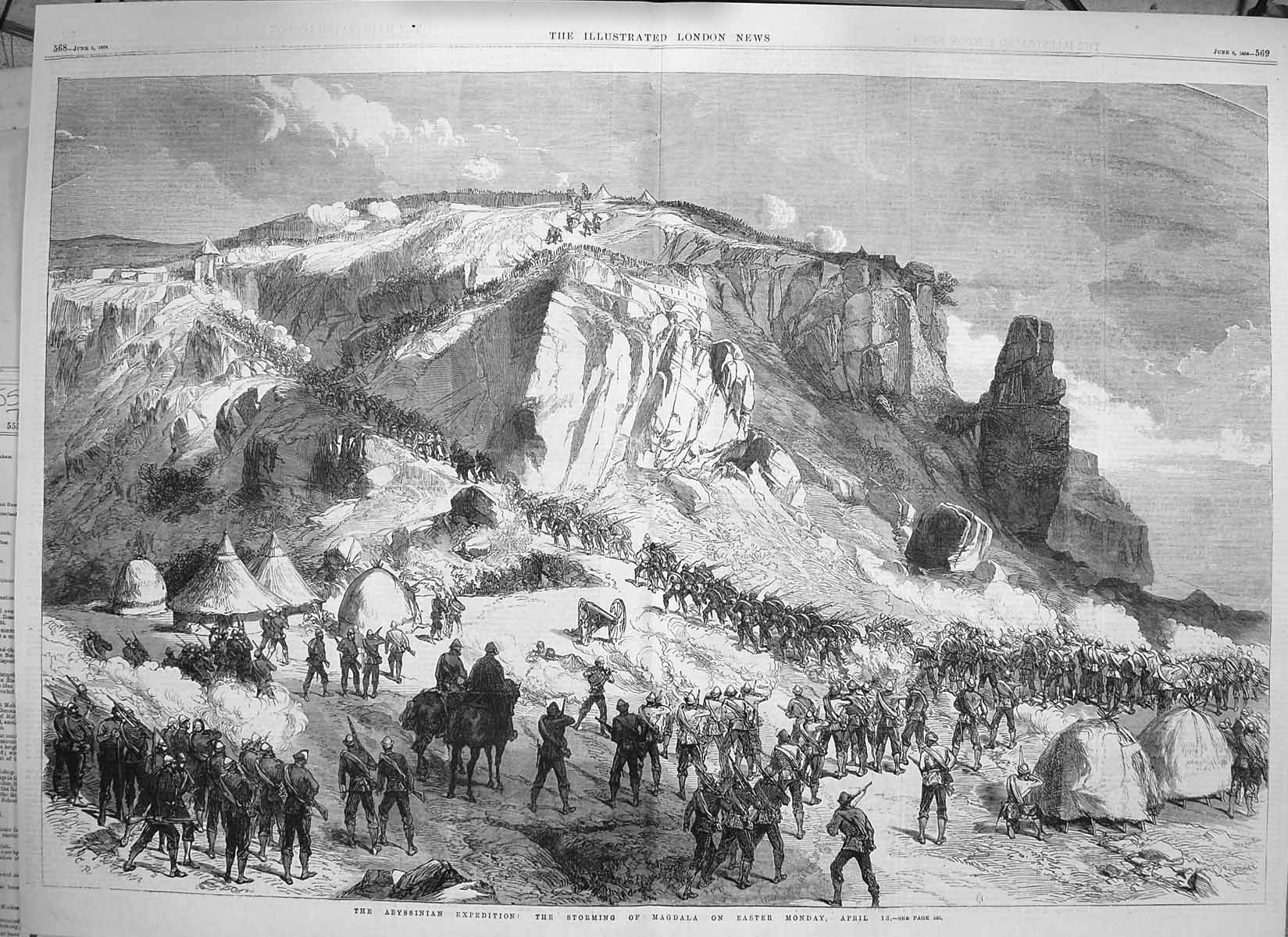 Original Old Antique Print 1868 Abyssinia Storming Magdala Easter Monday Siers