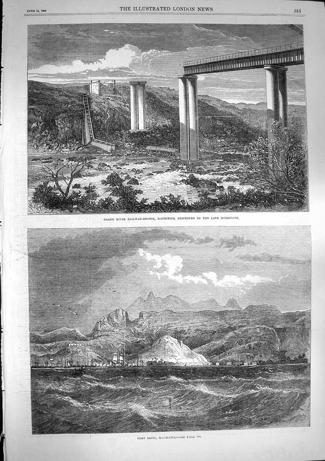 Original Old Antique Print 1868 River Railway Bridge Mauritius Port Louie 19th