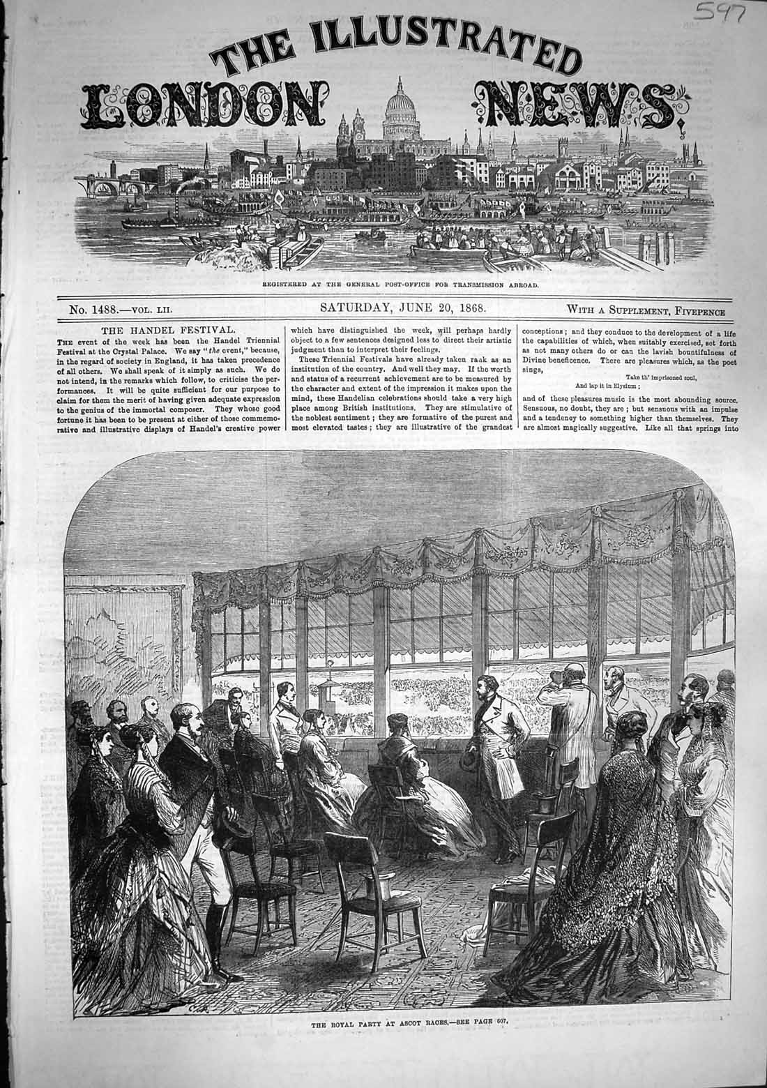 Original Old Antique Print 1868 Royal Party Ascot Races Sport Spectators 19th