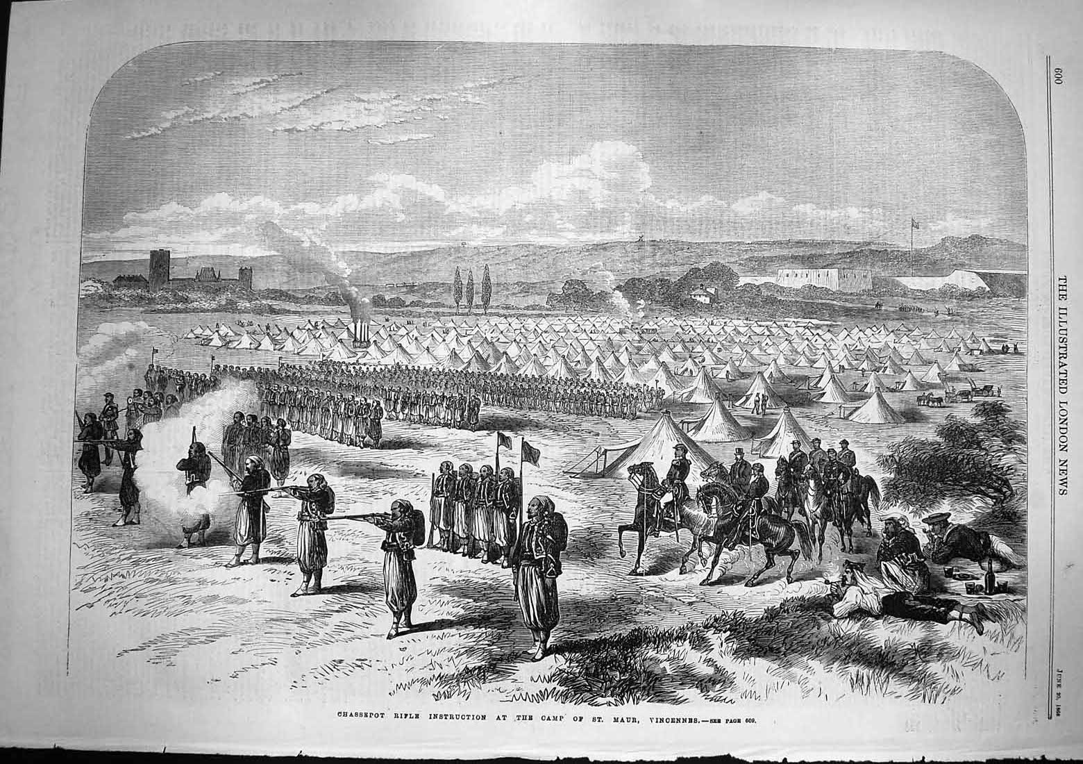 Original Old Antique Print 1868 Chassepot Rifle Instruction Camp Maur Vincennes