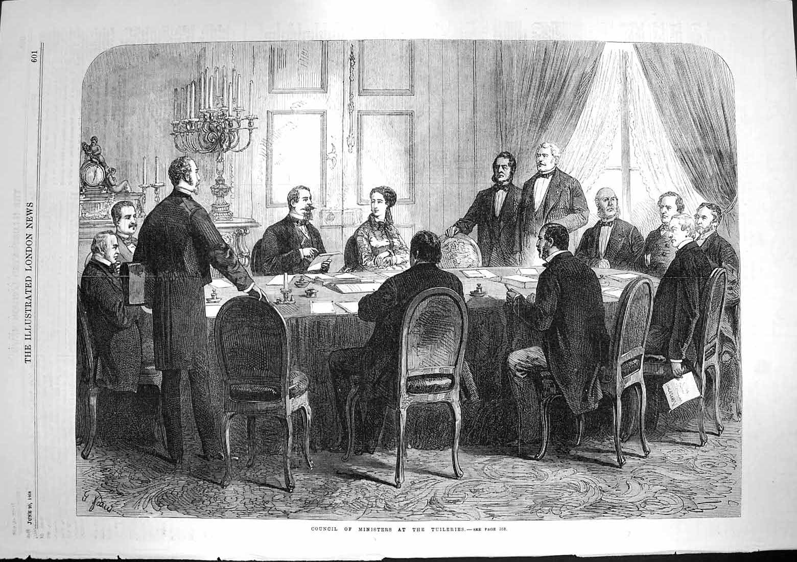Original Old Antique Print 1868 Council Minsters Tuileries France Victorian