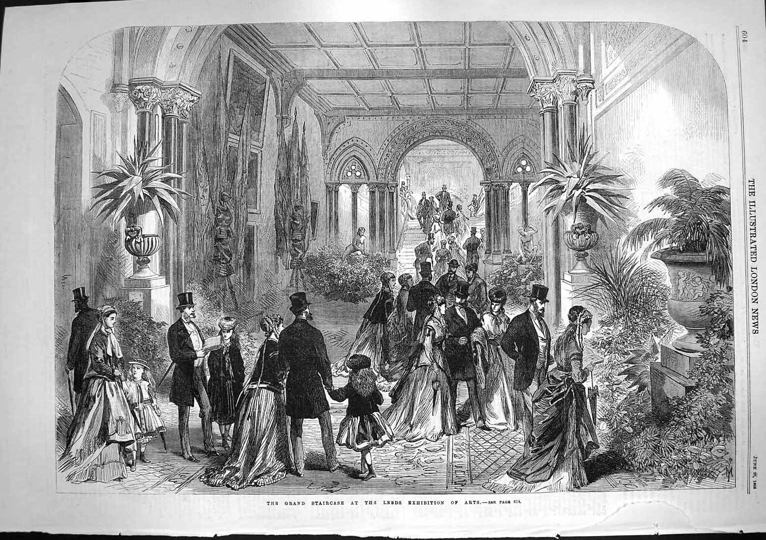 Original Old Antique Print 1868 Grand Staircase Leeds Exhibition Arts Victorian