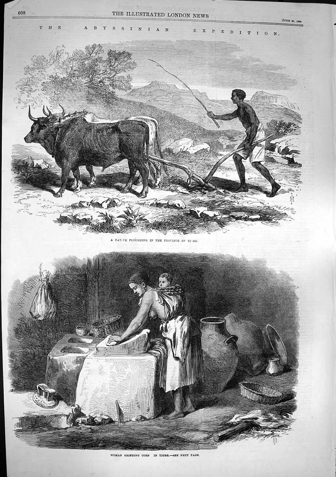 Original Old Antique Print 1868 Abyssinia Native Ploughing Tigre Woman Grinding