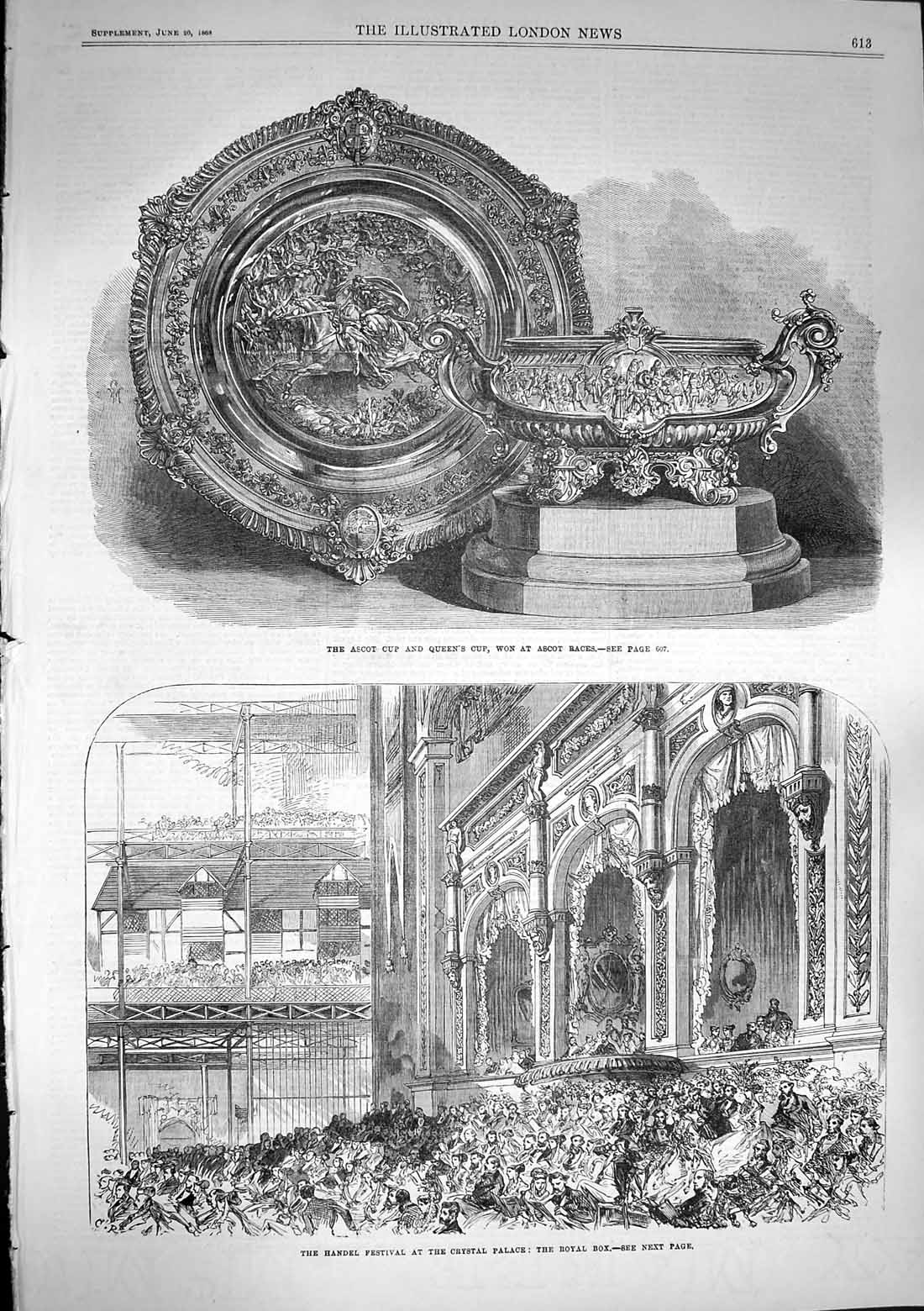 Old Antique Print 1868 Ascot Cup Queen'S Handel Festival Crystal Palace 19th