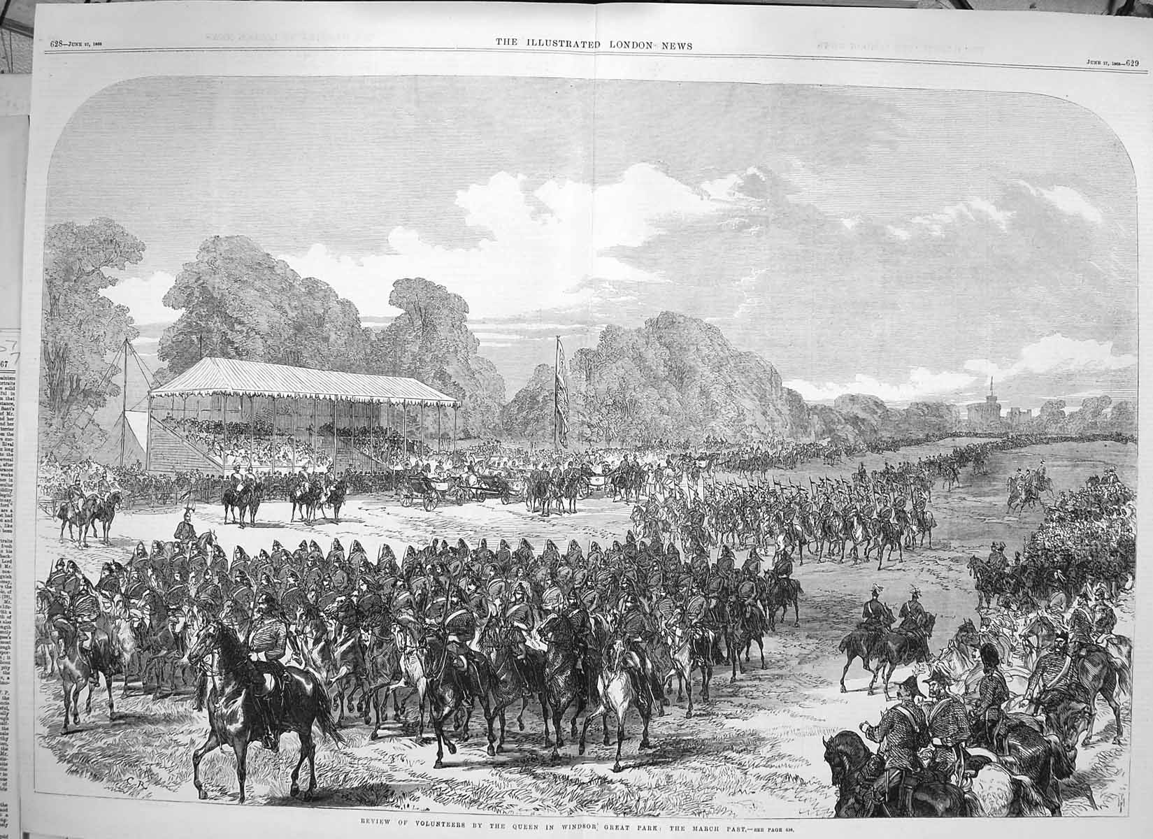 Old Antique Print 1868 Review Volunteers Queen Windsor Park London Army 19th