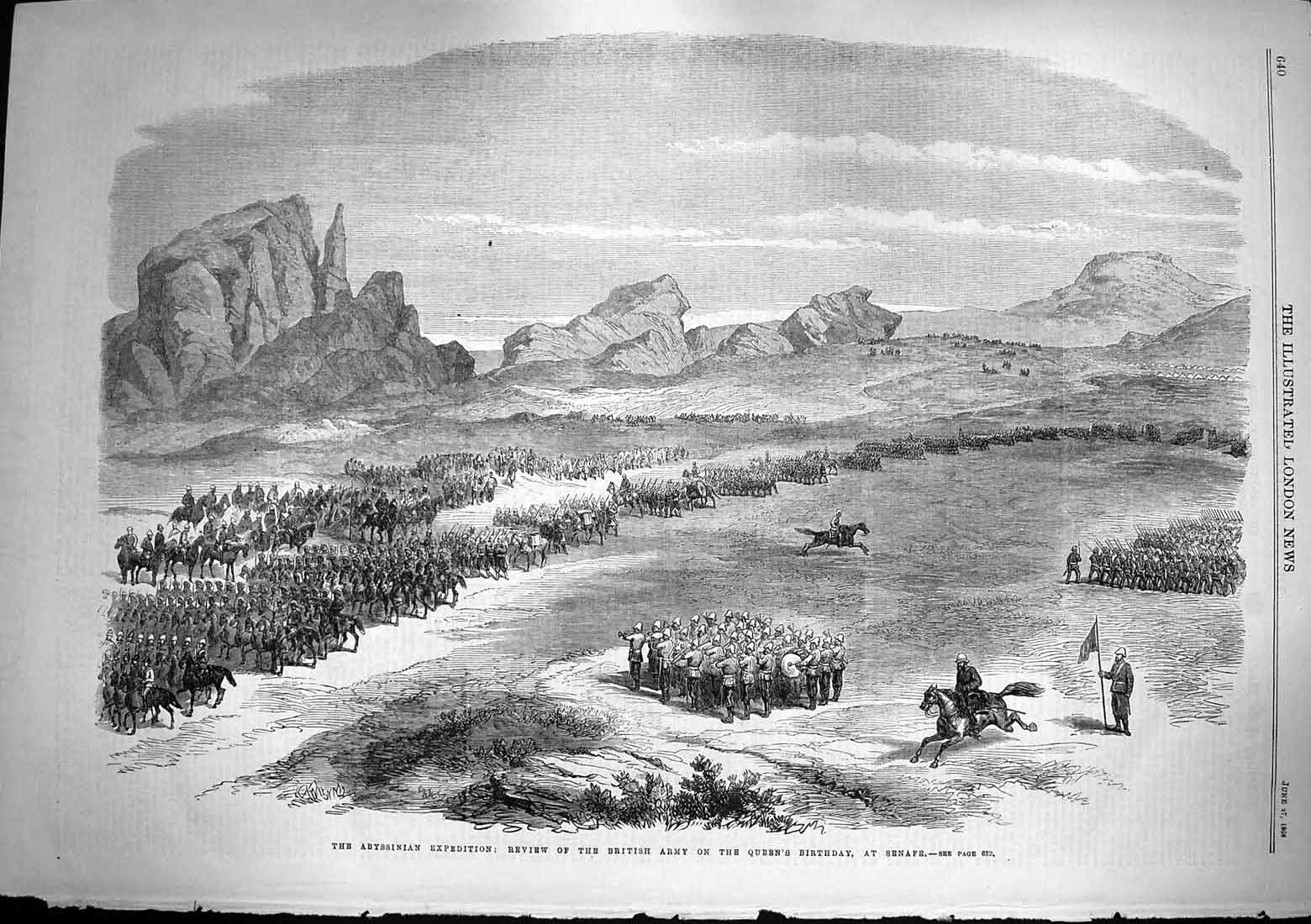 Original Old Antique Print 1868 Abyssinia British Army Queen'S Birthday Senafe