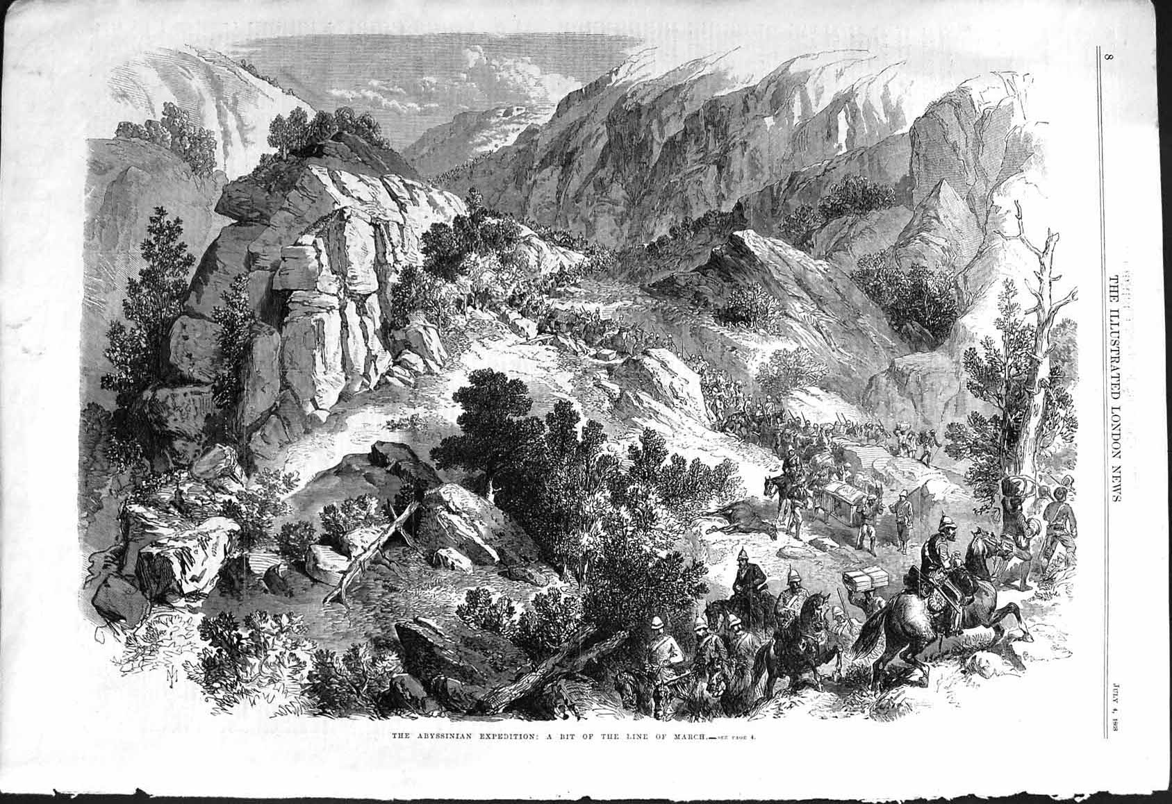 Old Print 1868 Abyssinian Expedition Siers Horses Marching Mountains War 19th