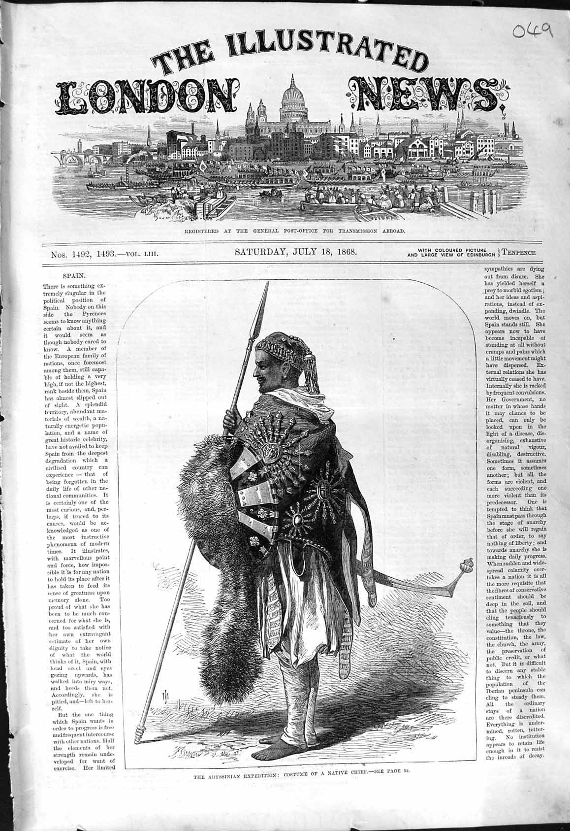 Original Old Antique Print 1868 Abysinnian Expedition Costume Native Chief 19th