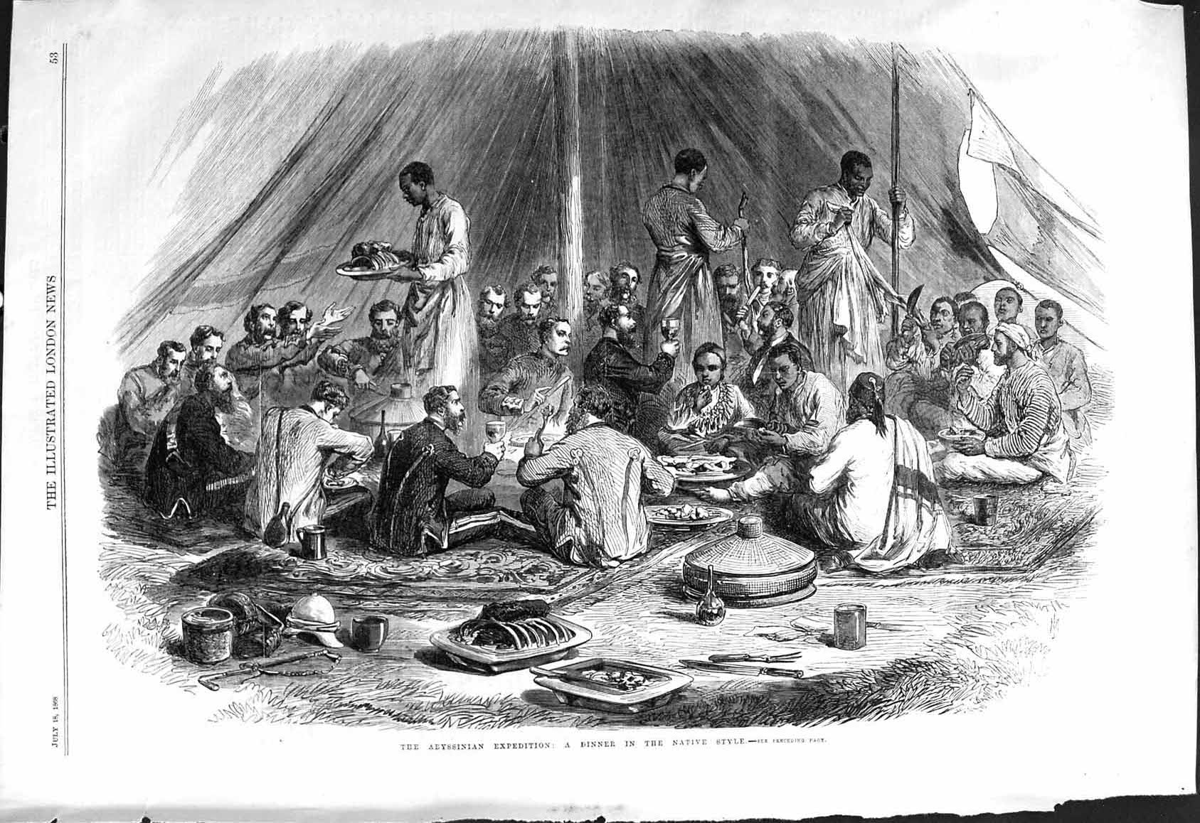 Original Old Antique Print 1868 Abyssinian Expedition Dinner Native Style Tent