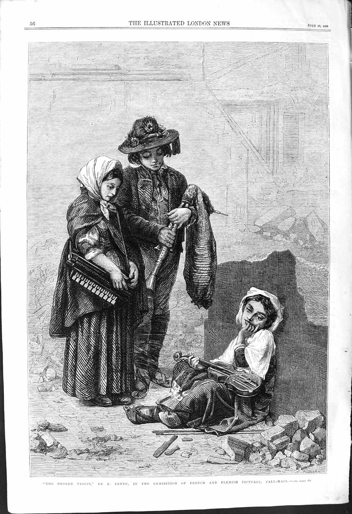 Old 1868 Broken Violin Young Girl Crying Street Scene Music Feyen Pal Victorian