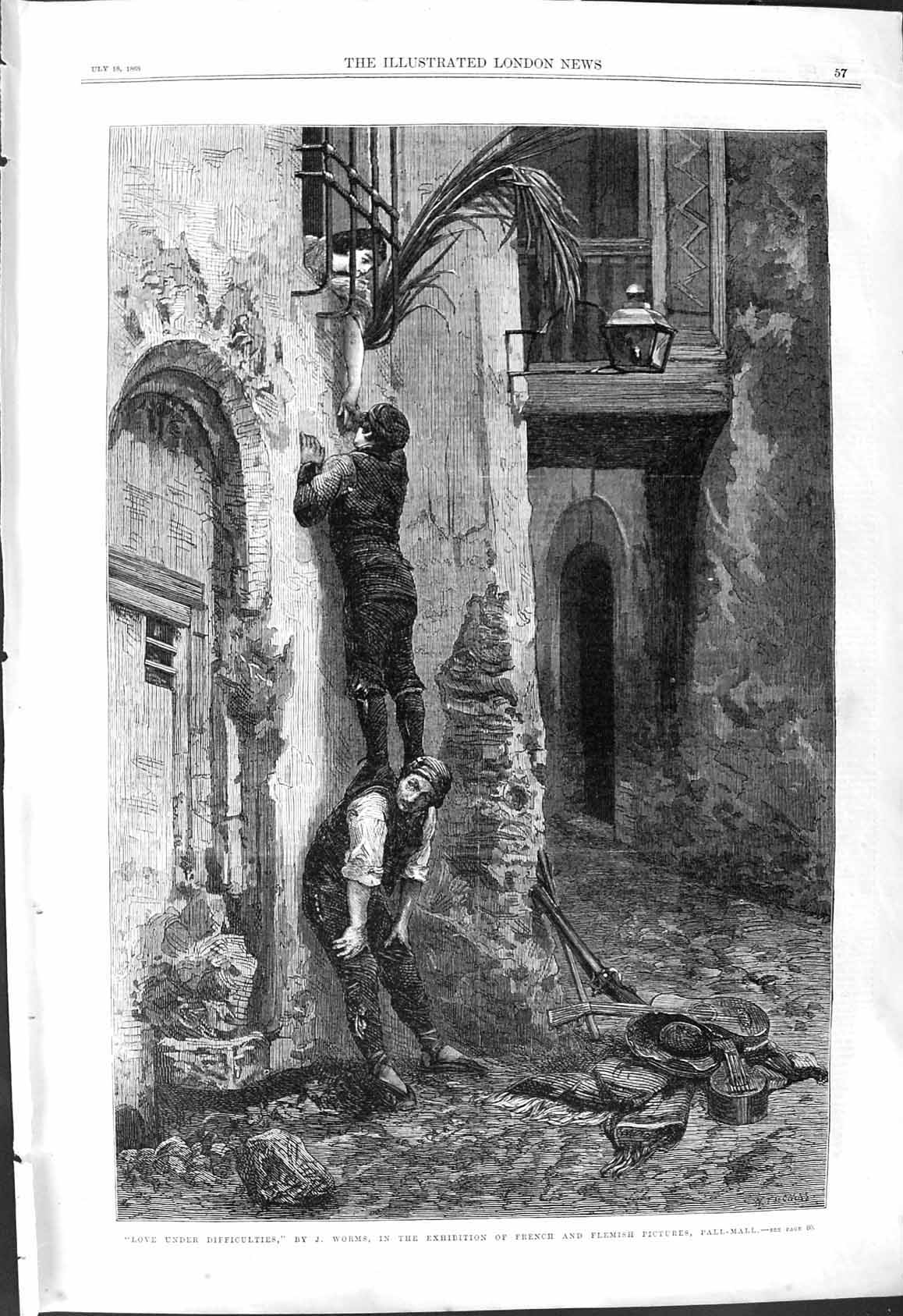 Old 1868 Love Under Difficulties Romance House Window Street Scene Wo Victorian