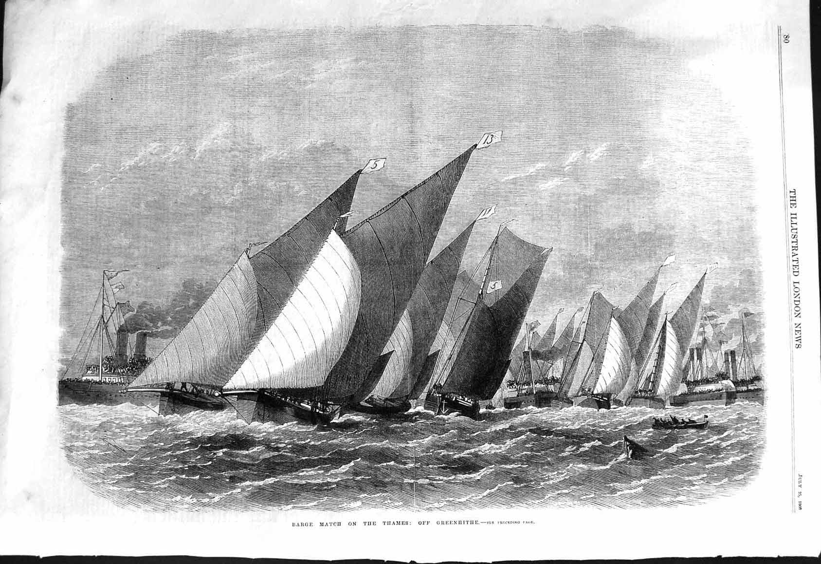 Old Antique Print 1868 Barge Match River Thames Greenhithe Sailing Sport 19th