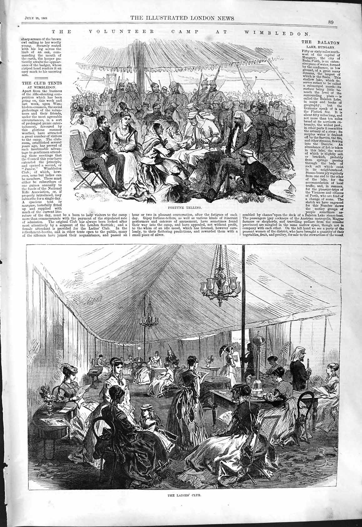 Old Print 1868 Volunteer Camp Wimbledon Fortune Telling Ladies Club Tents 19th