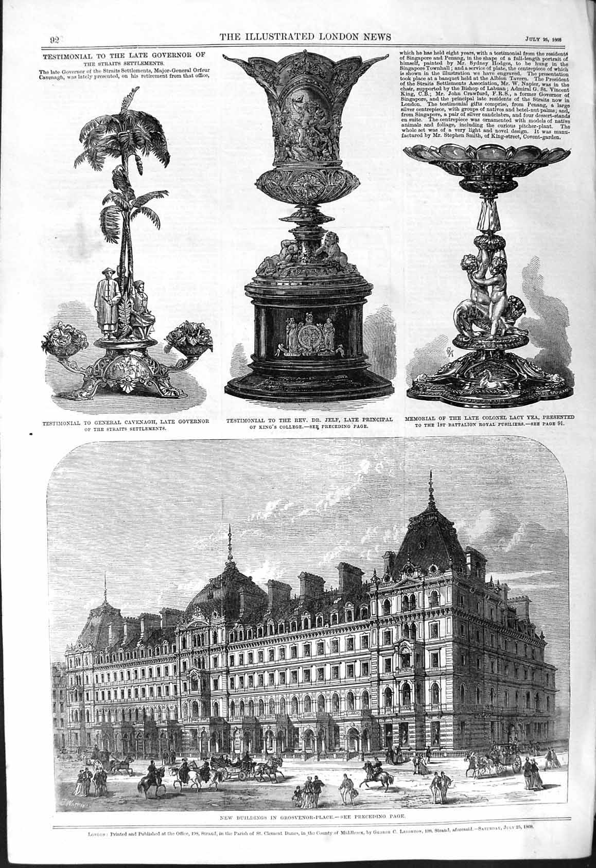 Old 1868 Buildings Grosvenor Place Testimonial Cavenagh Jelf Colonel Victorian