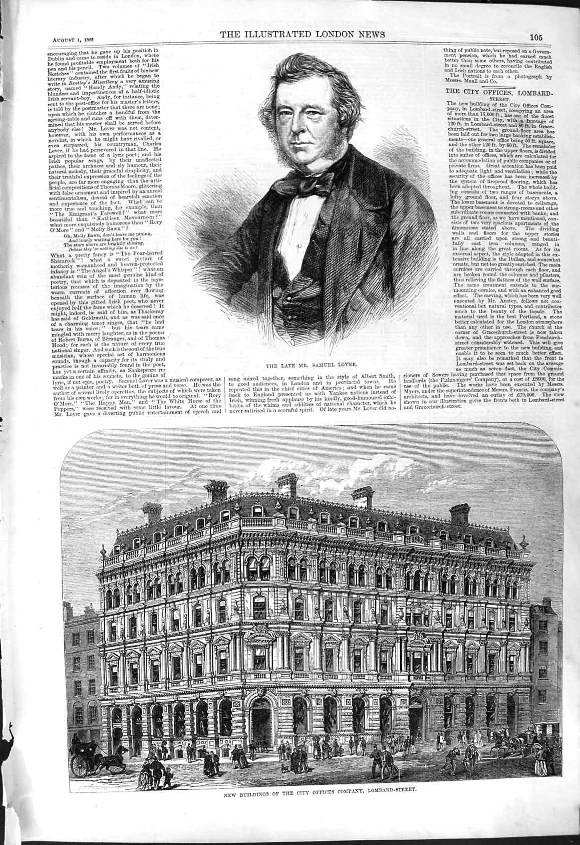 Old Print 1868 Samuel Lover Buildings City Offices Company Lomard Street 19th
