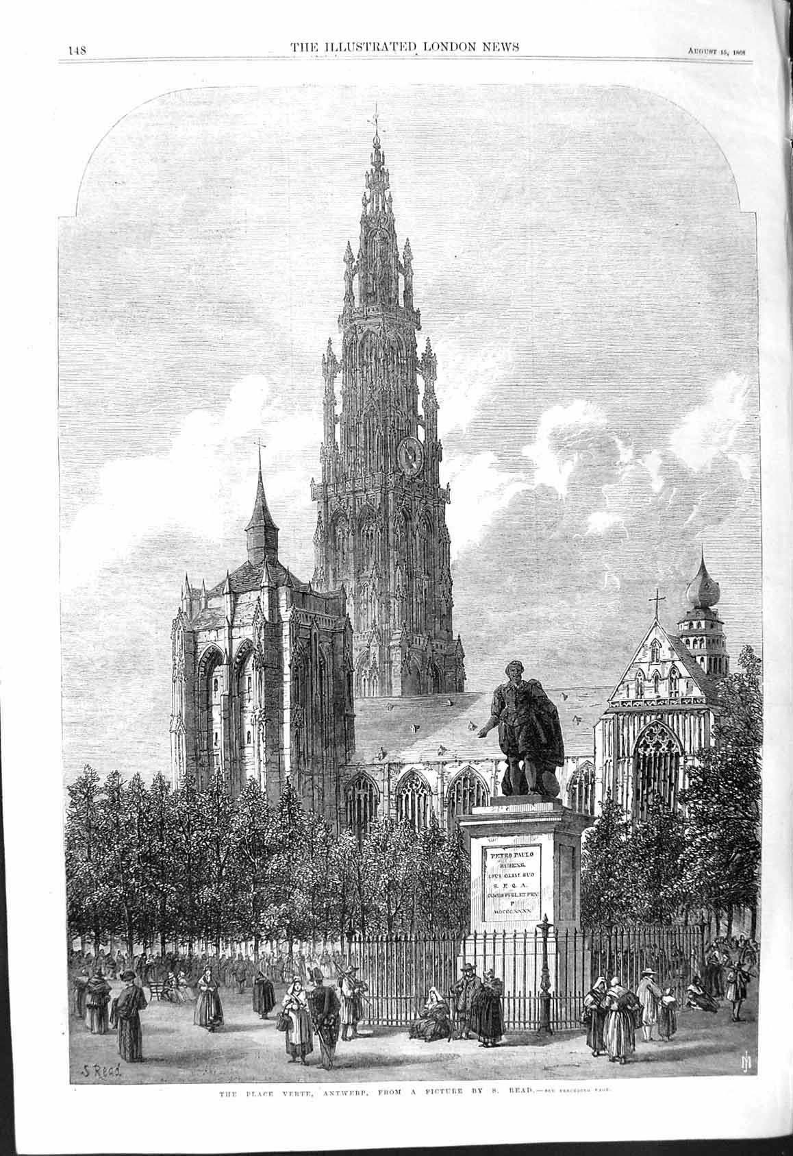 Old 1868 Architecture Place Verte Antwerp Petro Paulo Rubens Sculptur Victorian