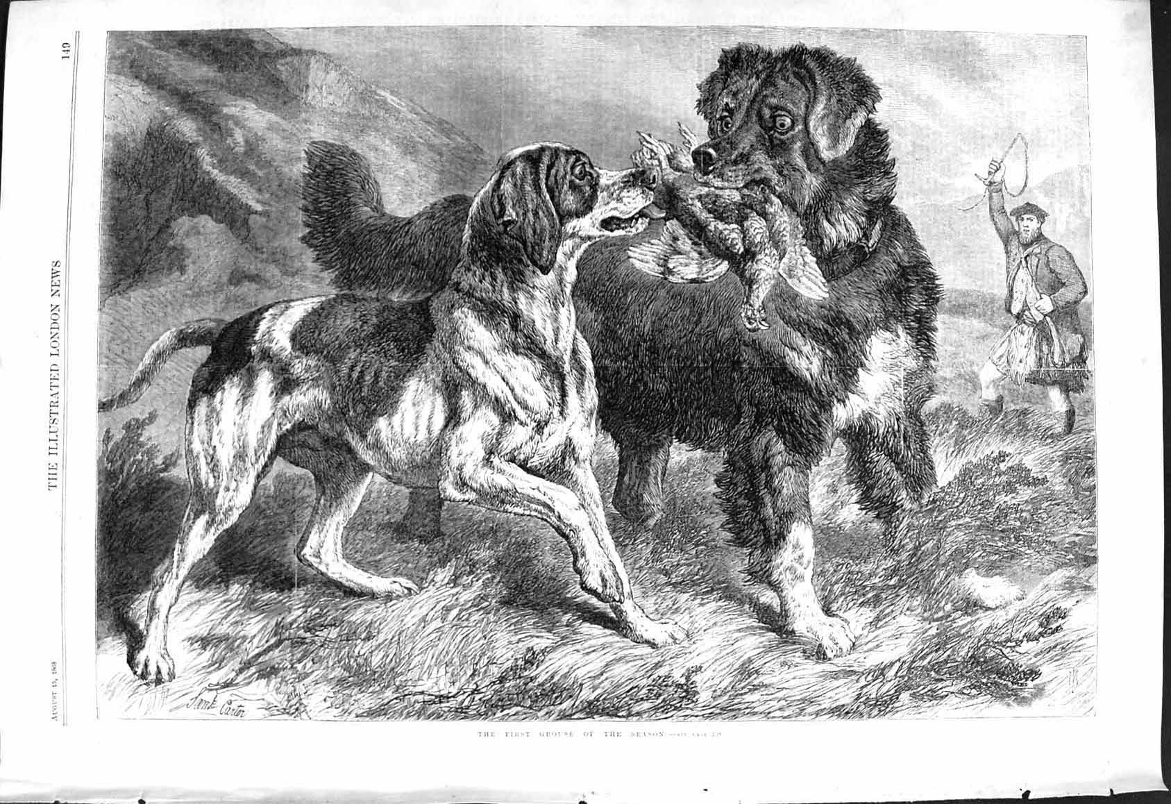 Old Print 1868 Hunting Hounds Dogs Grouse Season Birds Highlands Scotland 19th