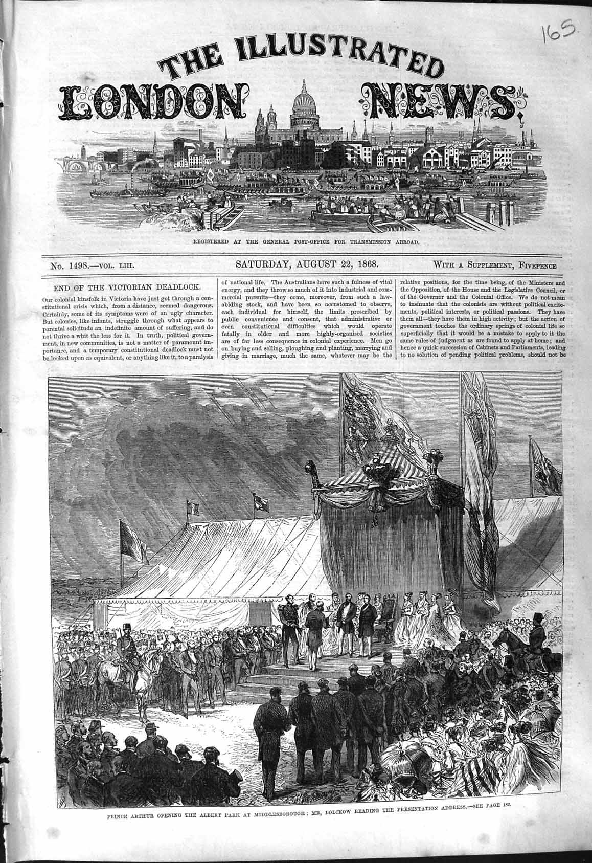 Old 1868 Prince Arthur Albert Park Middlesborough Bolckow Presentatio Victorian