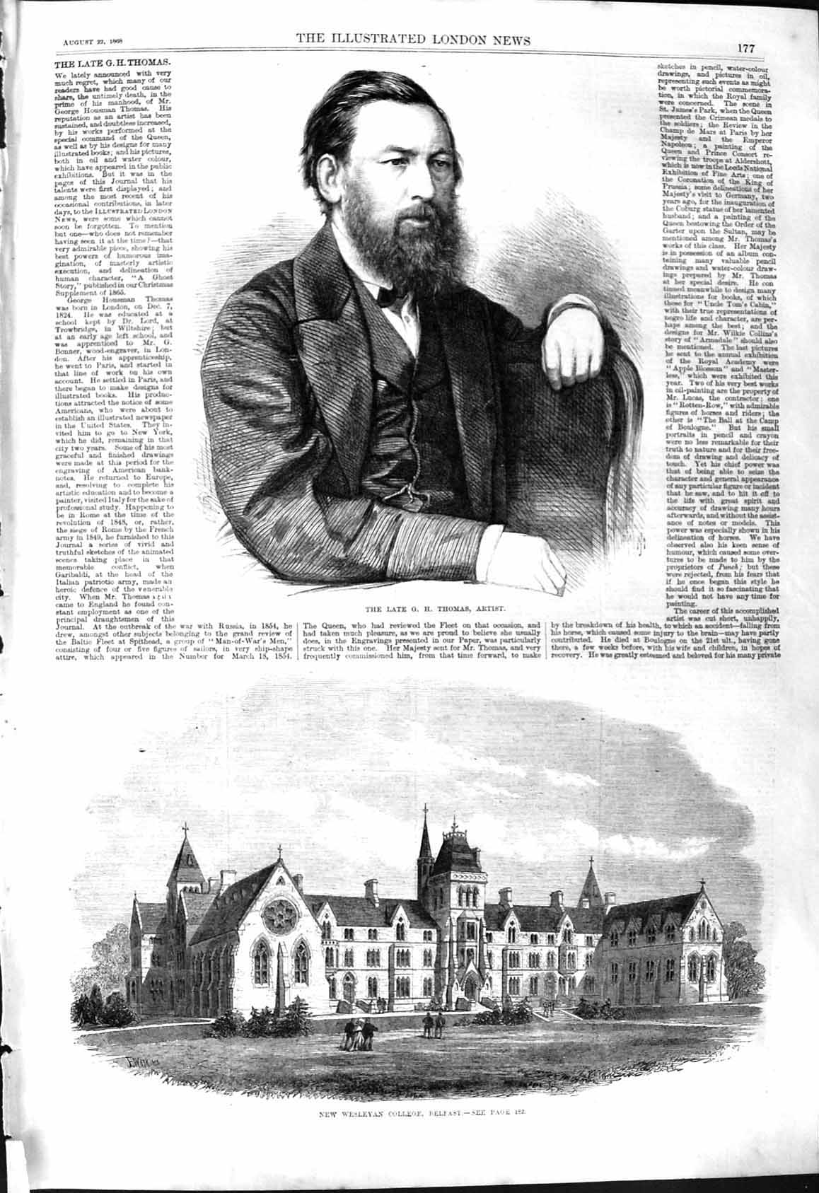 Antique Old Print 1868 Thomas Artist Wesleyan College Belfast Architecture 19th