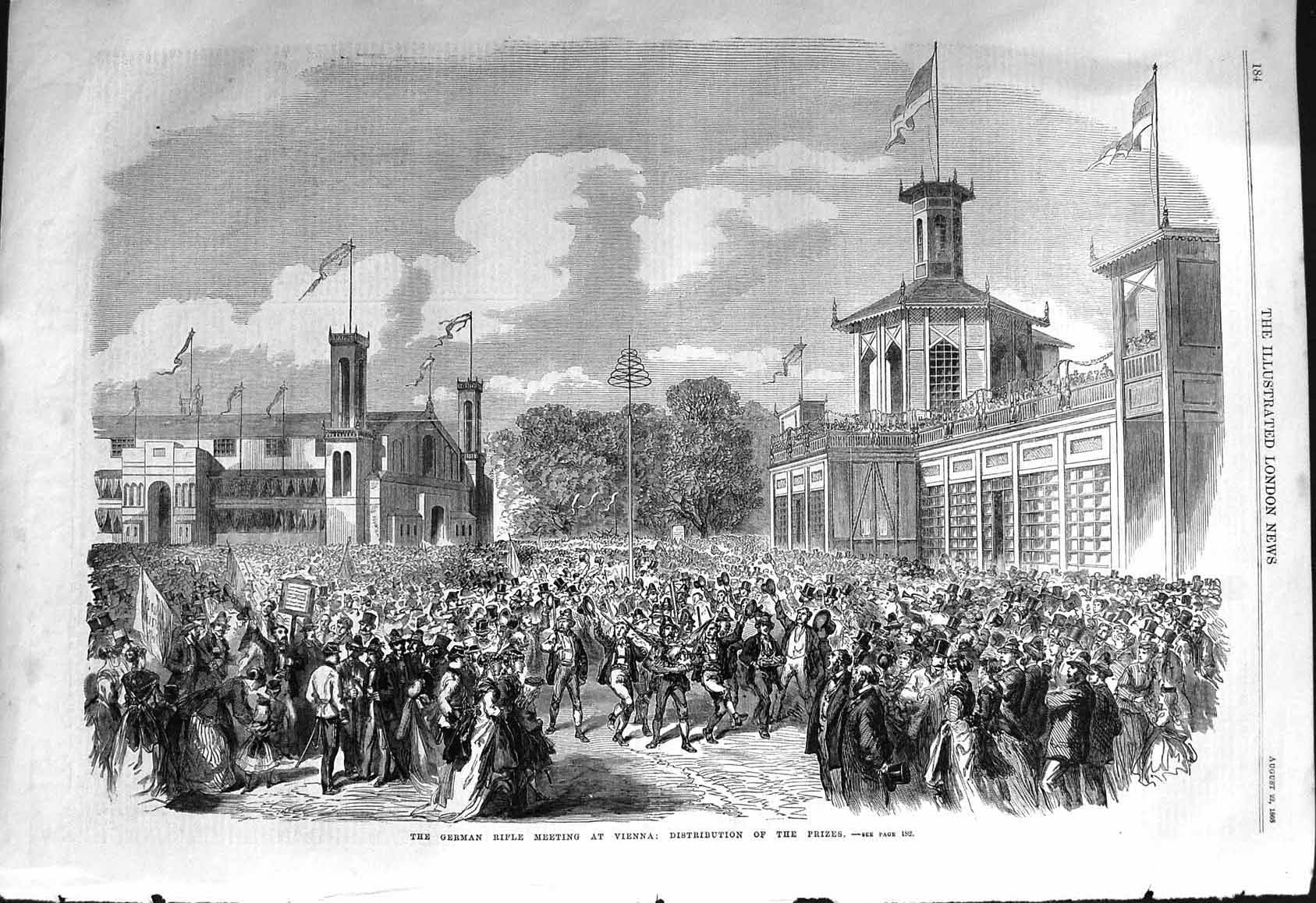 Antique Old Print 1868 German Rifle Meeting Vienna Distribution Prizes Siers