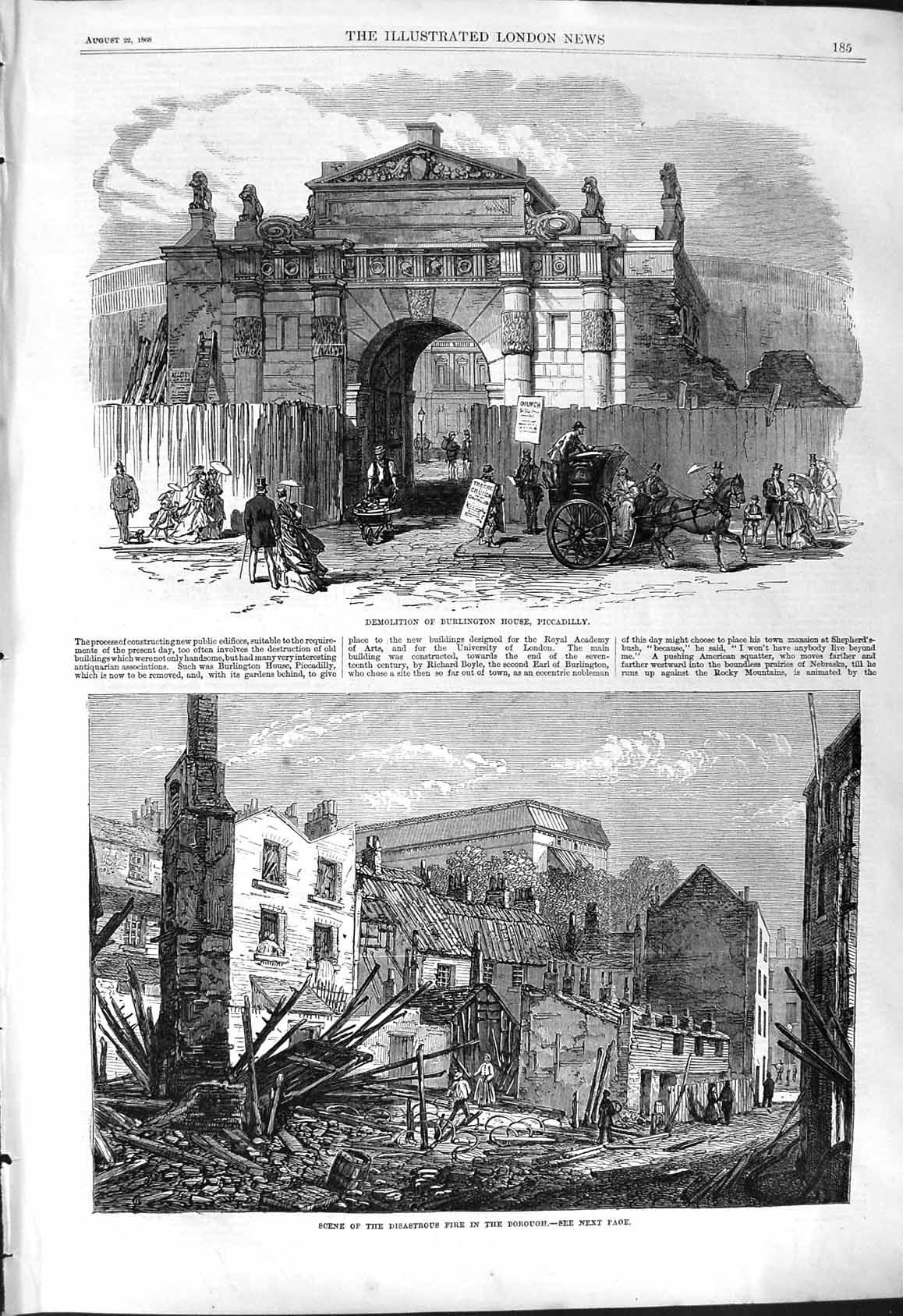 Old 1868 Demolition Burlington House Piccadilly Scene Fire Borough Bu Victorian