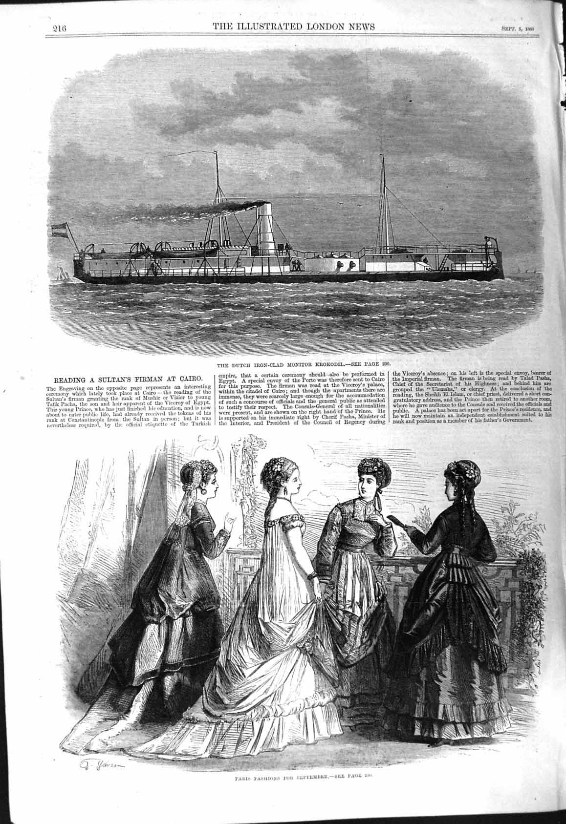 Old 1868 Dutch Iron-Clad Ship Monitor Krokodil Ladies Paris Fashion S Victorian