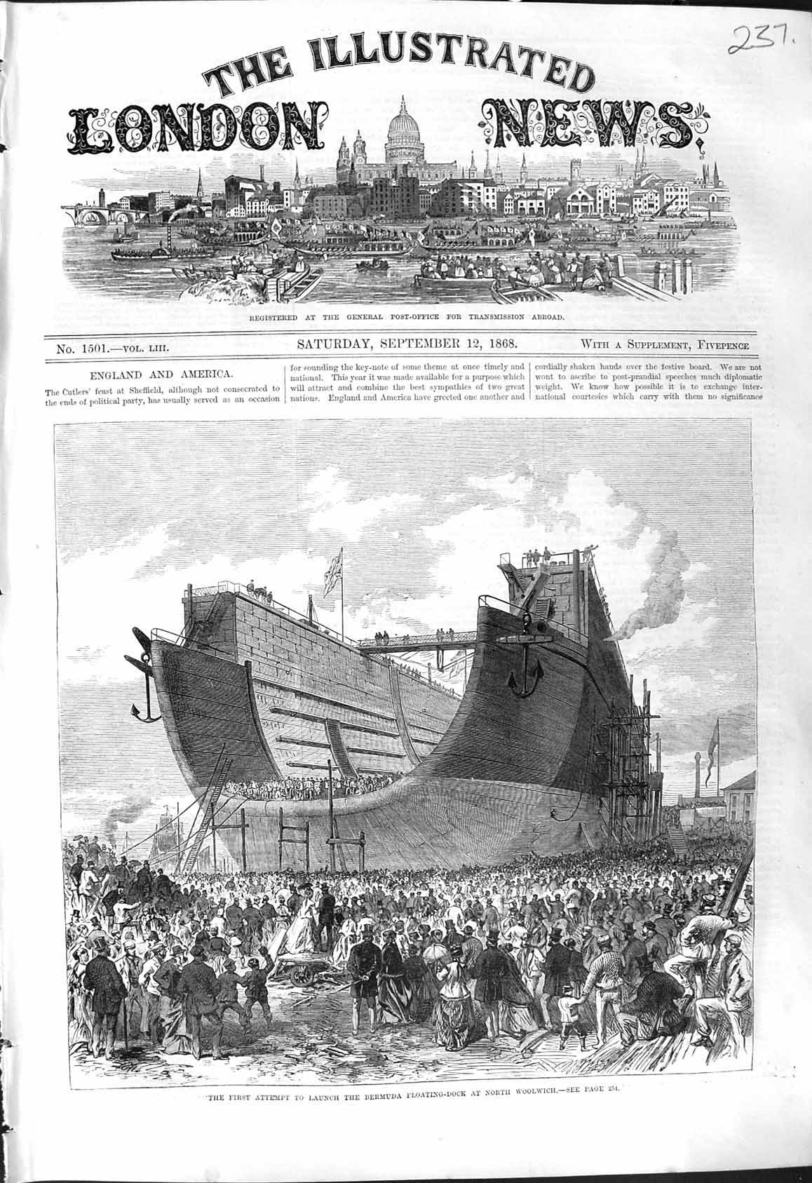 Old Print 1868 Attempt Launch Bermuda Floating Dock North Woolwich Ships 19th