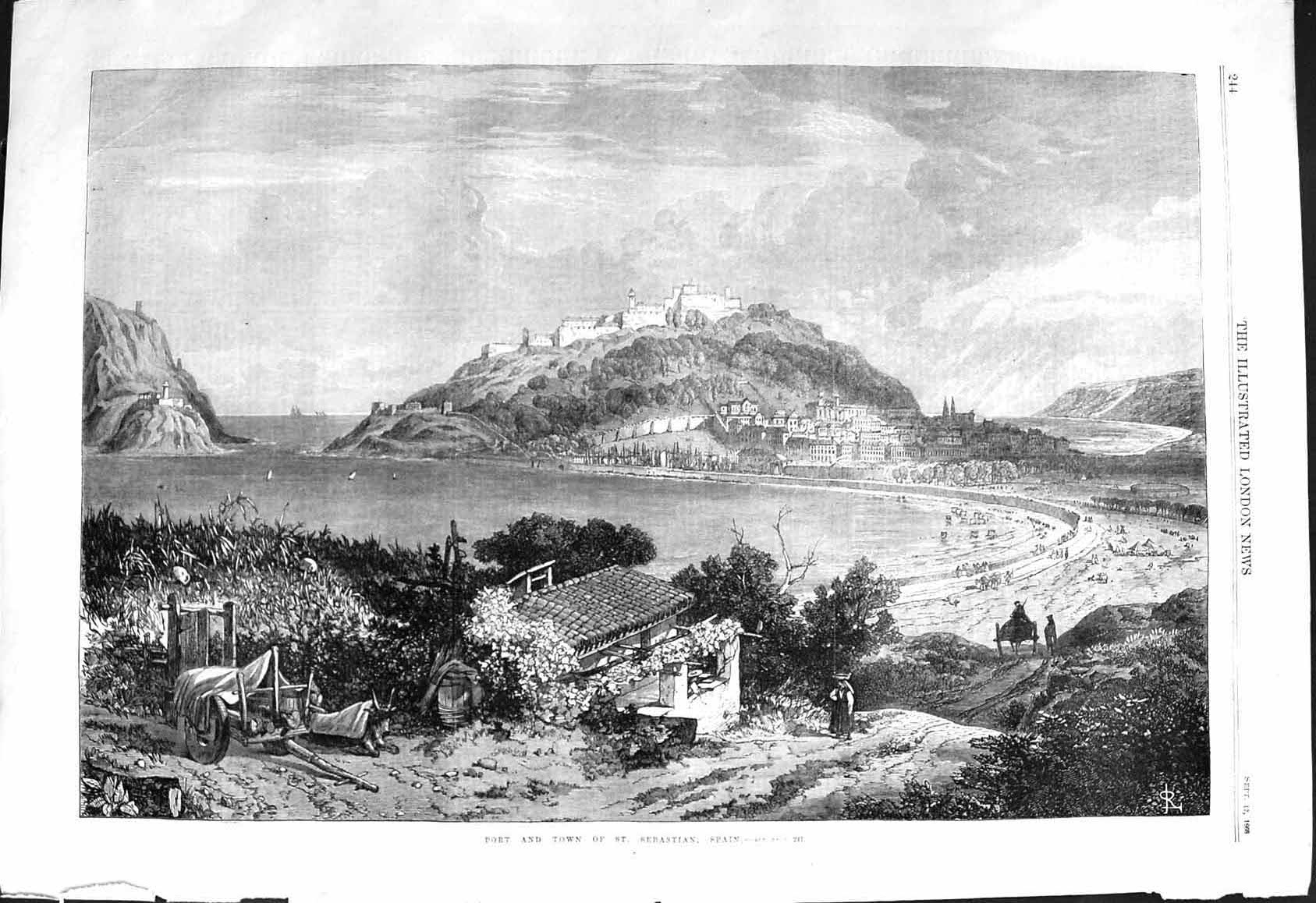 Old Print 1868 View Port Town St. Sebastian Spain Architecture Mountains 19th