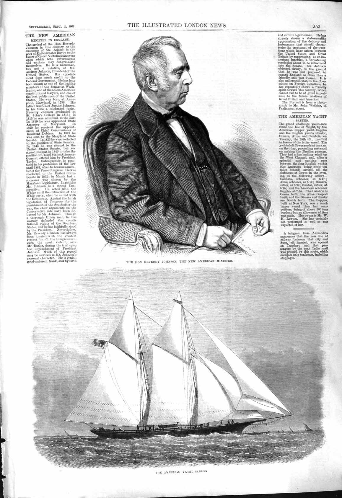 Old 1868 American Yacht Ship Sappho Reverdy Johnson American Minister Victorian