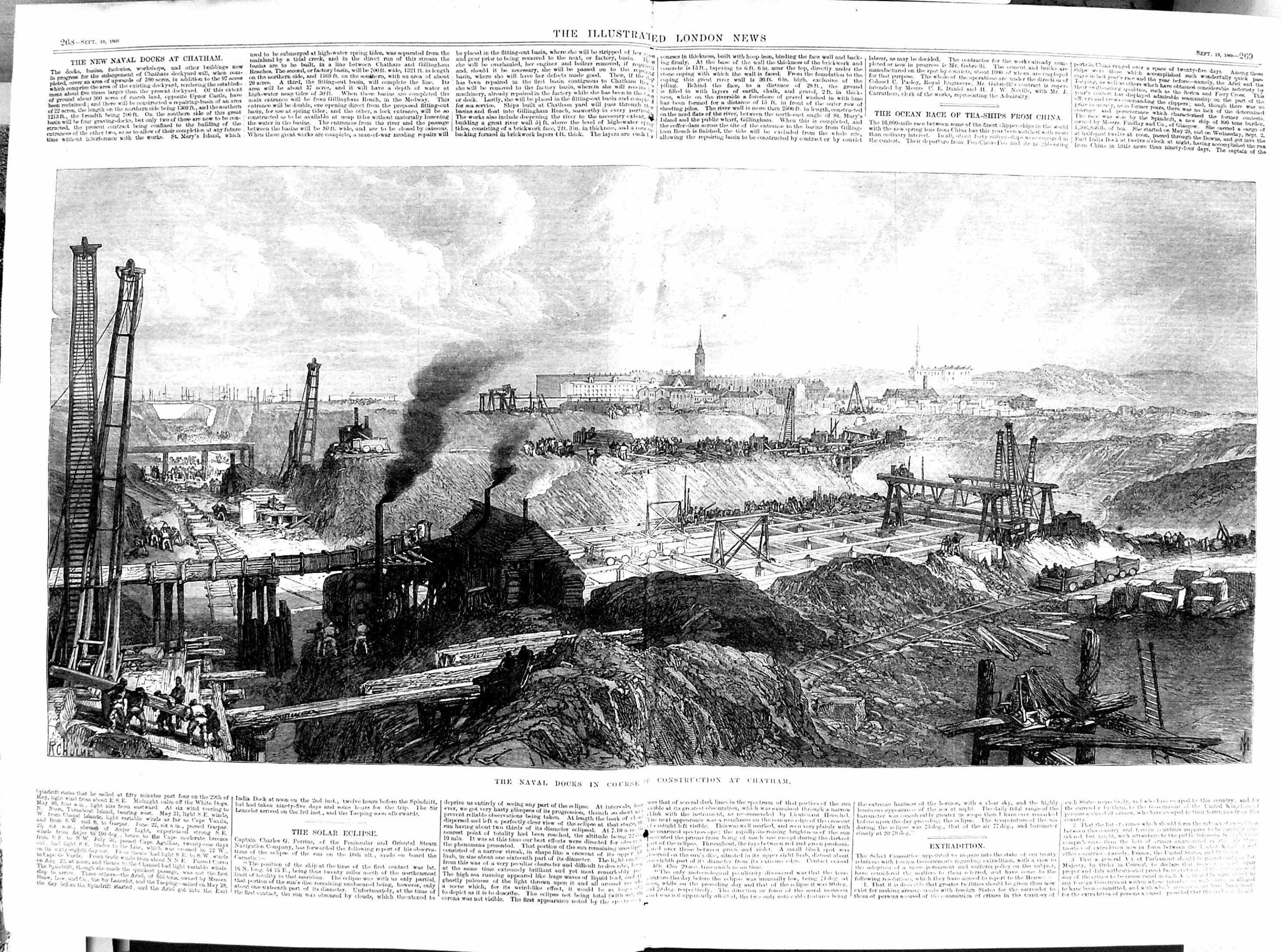 Original Old Antique Print 1868 Construction Naval Docks Chatham Engineering