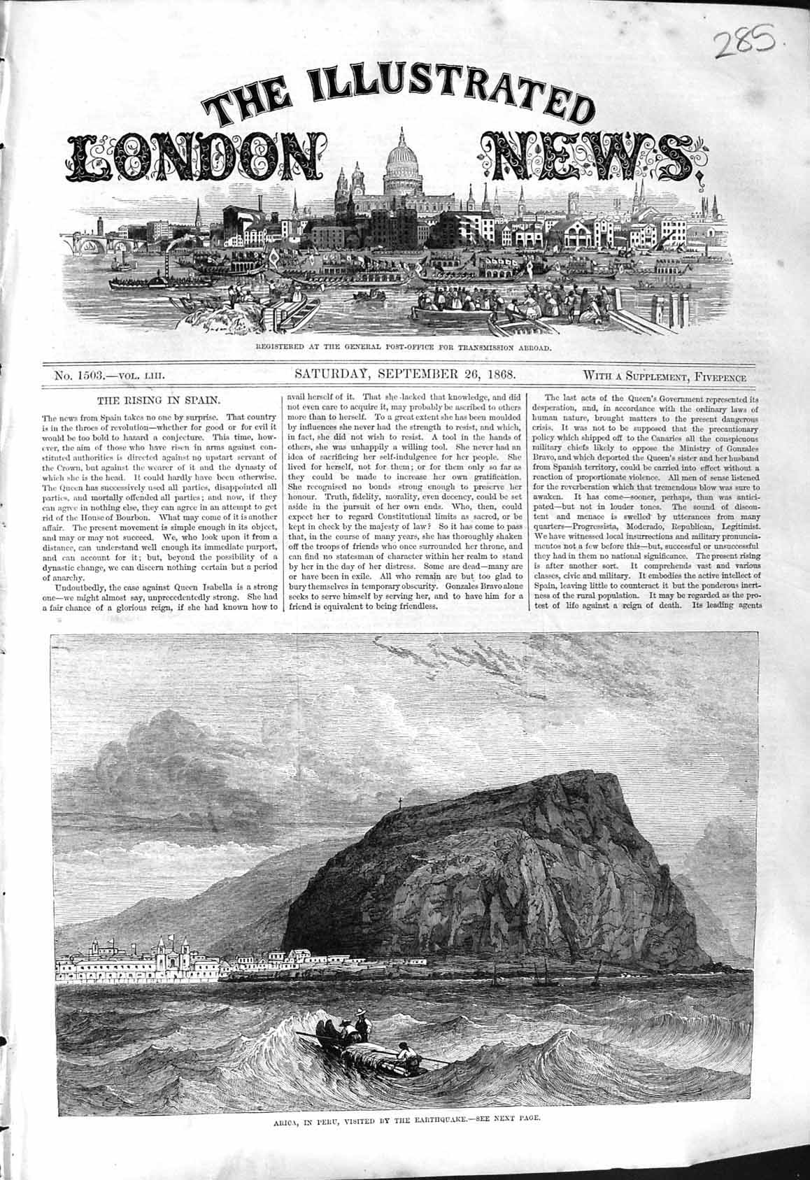 Old 1868 View Arica Peru South America Earthquake Boat Cliffs Houses Victorian