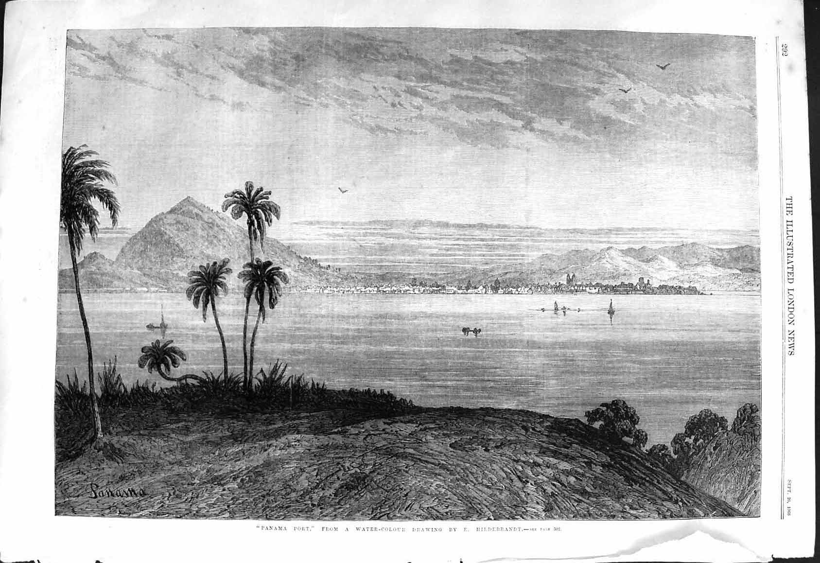 Old Antique Print 1868 View Panama Port Mountains Buildings Hildebrandt 19th