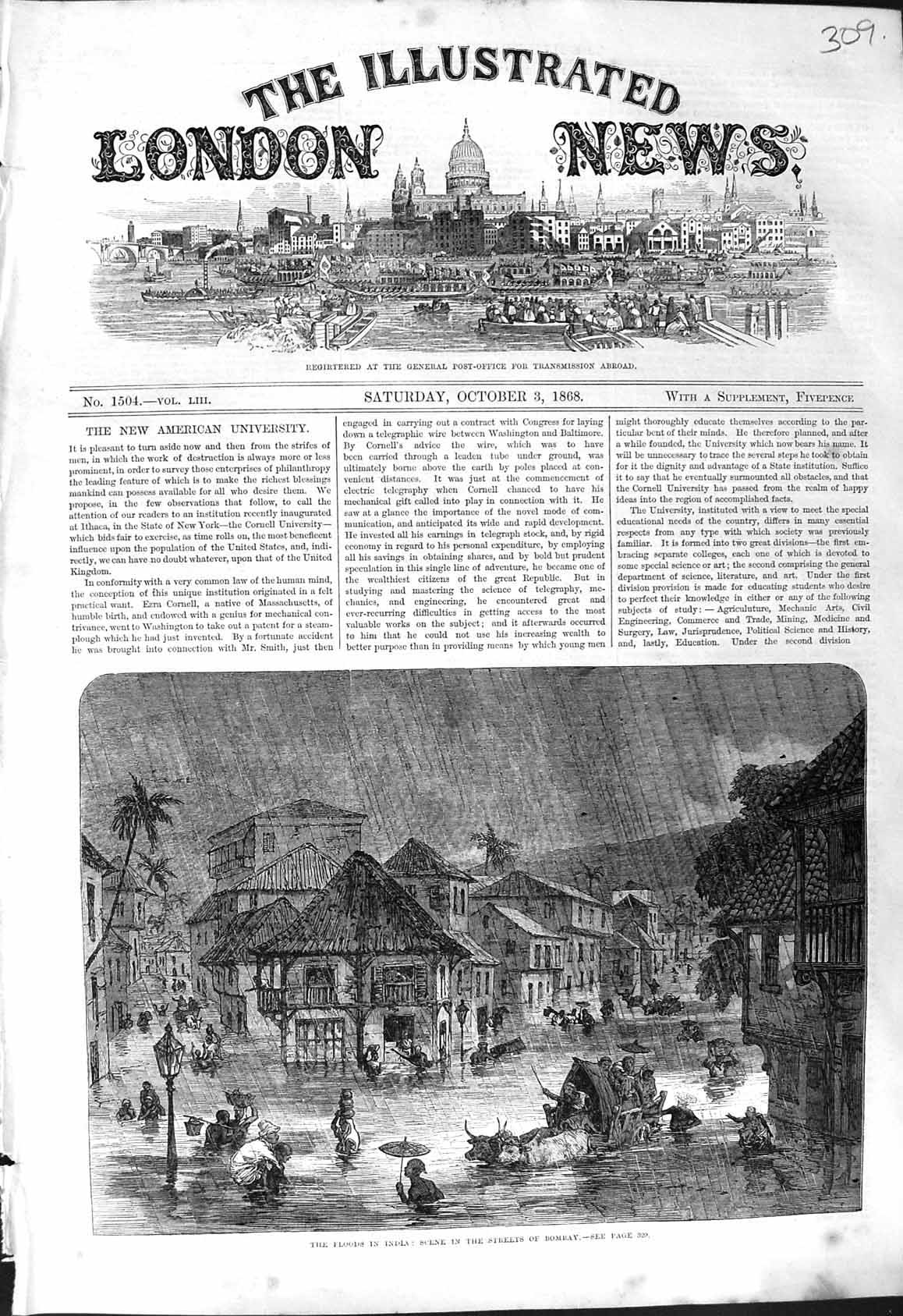 Original Old Antique Print 1868 Floods India Street Scene Bombay Houses Animals