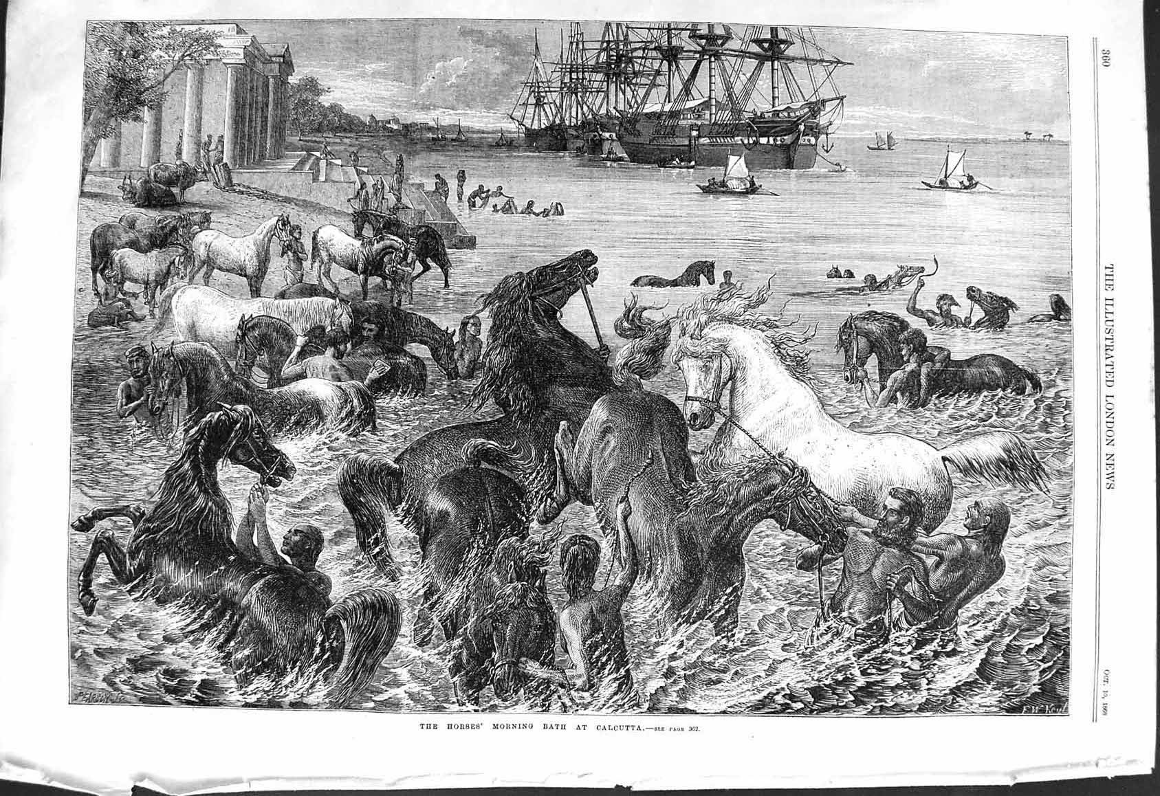 Antique Old Print 1868 Horses Morning Bath Calcutta Washing Ships Fine Art 19th