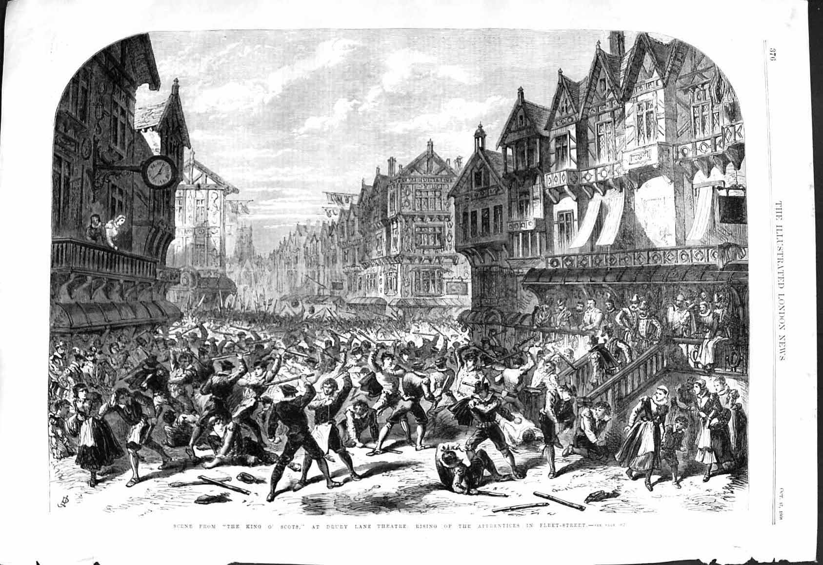 Old 1868 Scene King O'Scots Drury Lane Theatre Rising Apprentices Fle Victorian