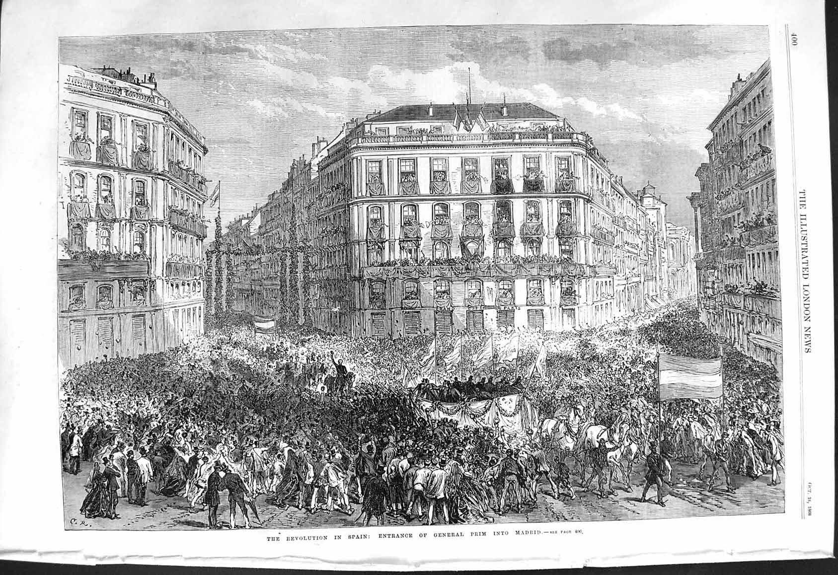 Old 1868 Revolution Spain Entrance General Prim Madrid Street Process Victorian