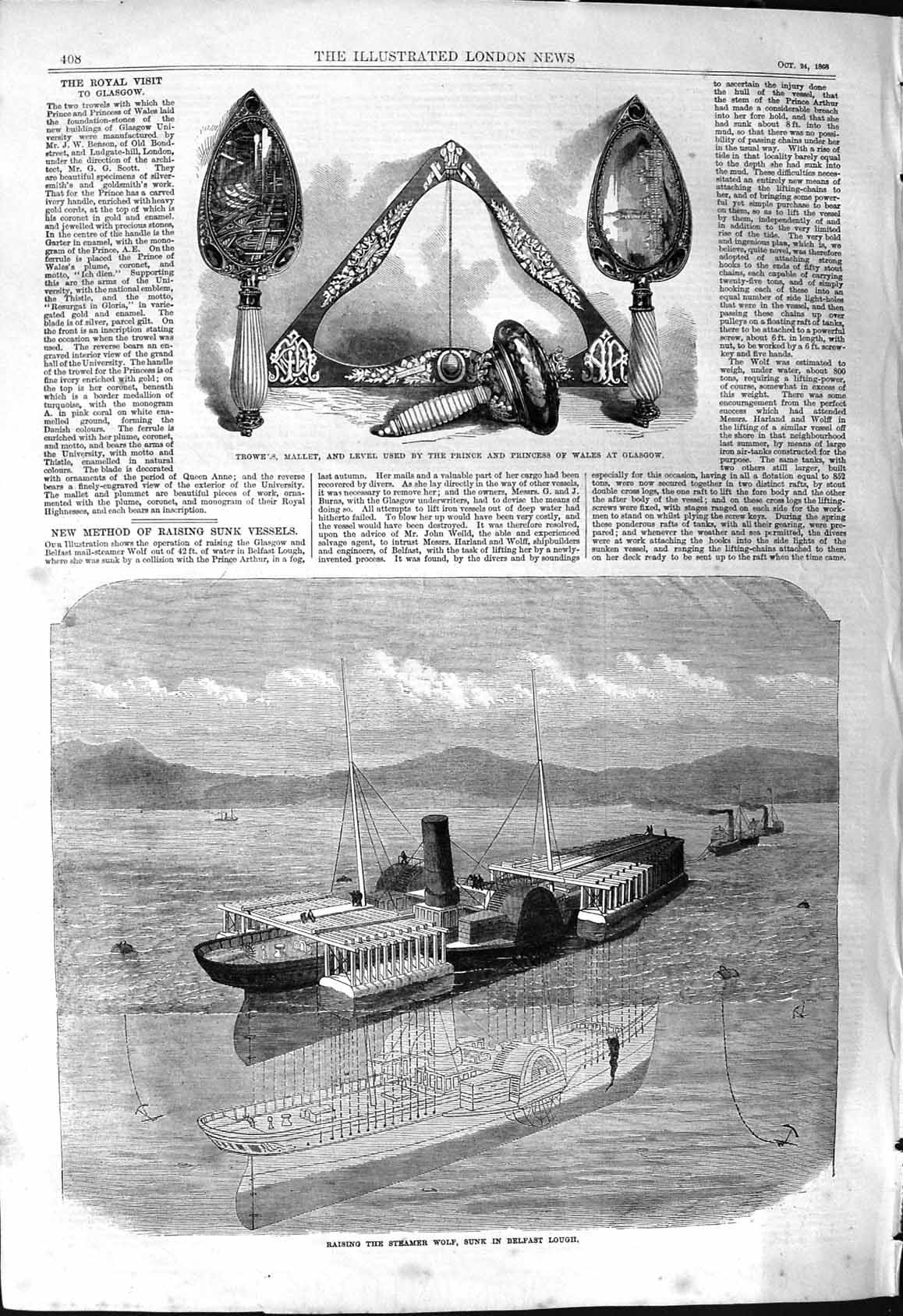 Old 1868 Raising Steamer Ship Wolf Sunk Belfast Lough Trowel Mallet P Victorian