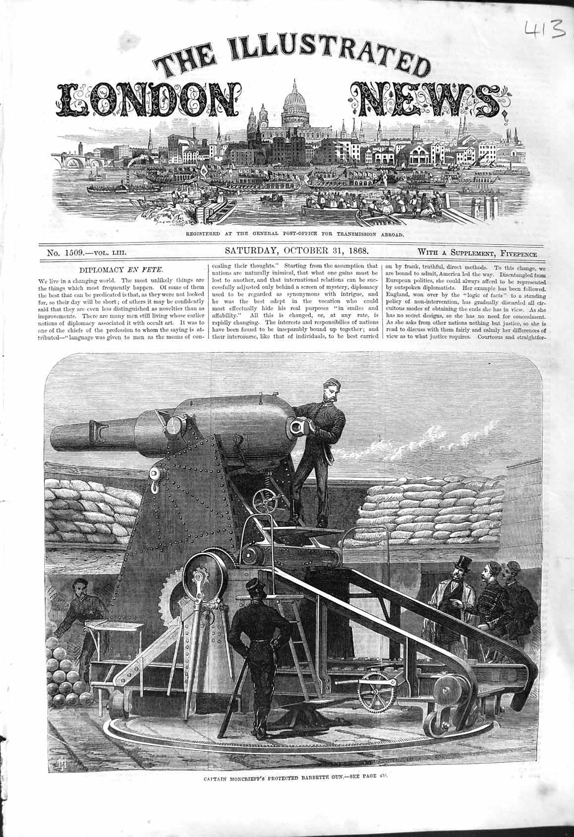 Antique Old Print 1868 Captain Moncrieff Protected Barbette Gun War Weapons