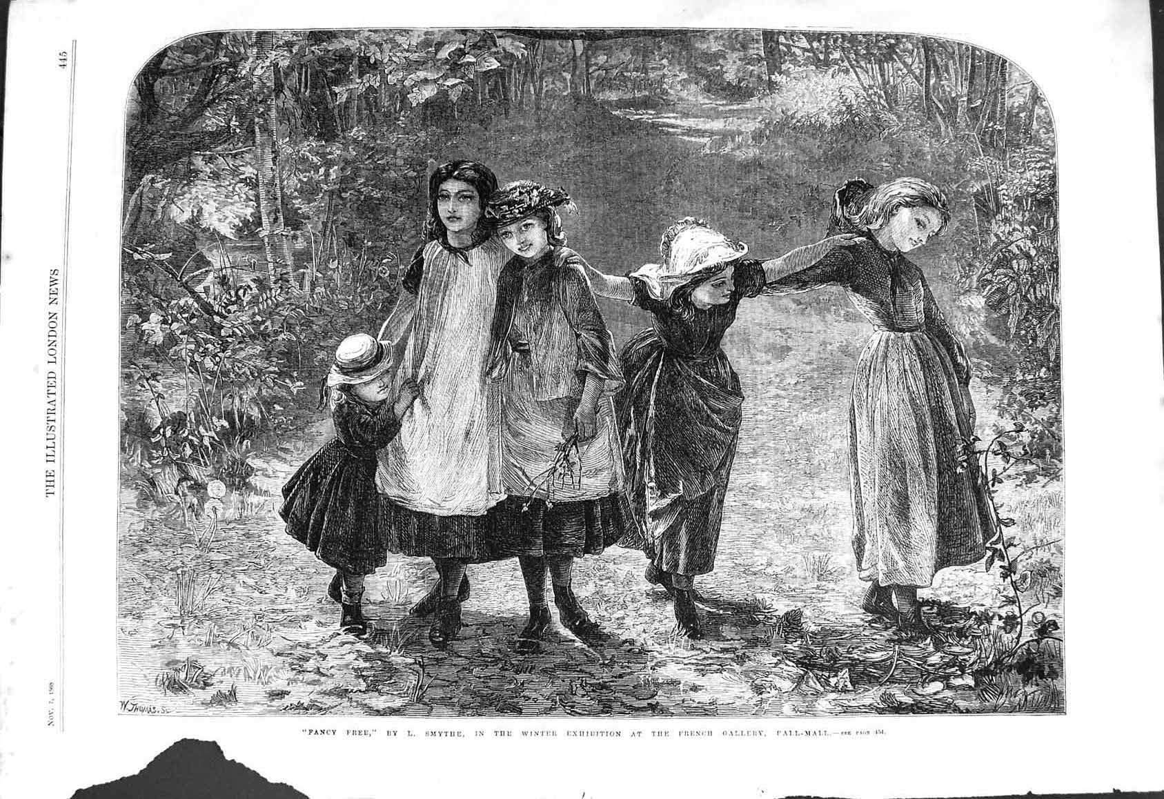 Old 1868 Fancy Free Smythe Winter Exhibition Art Children Forest Scen Victorian