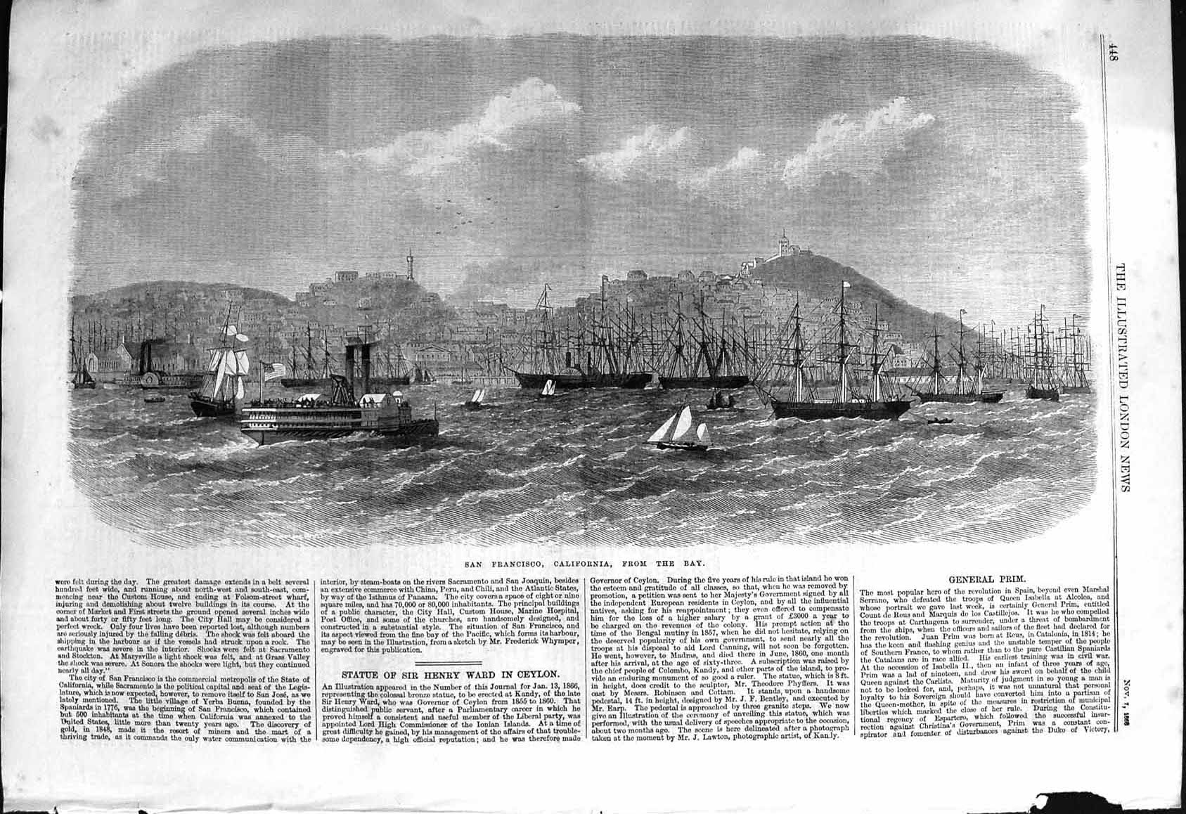 Original Old Antique Print 1868 San Francisco California Ships America Boats