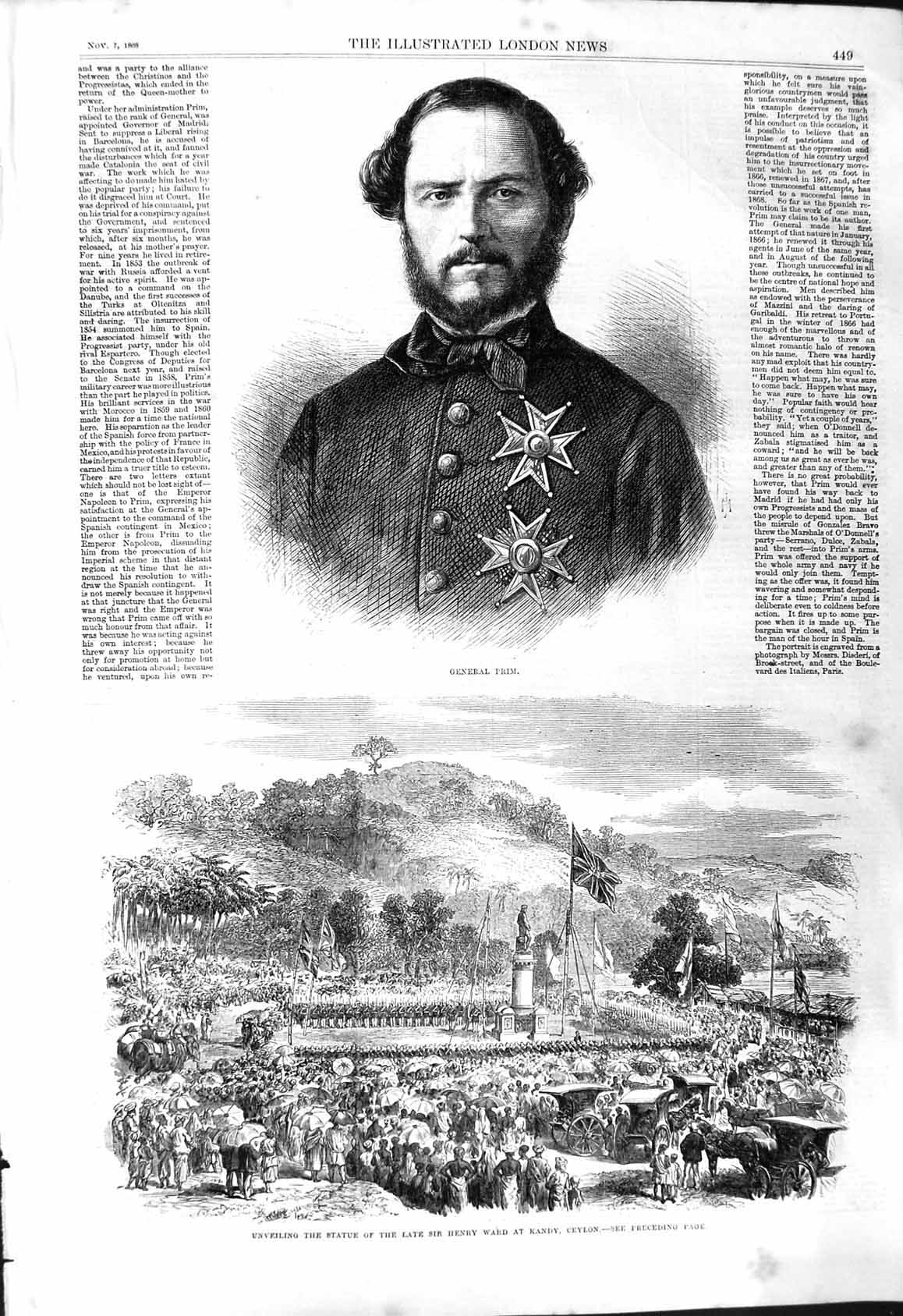 Antique Old Print 1868 Portrait General Prim Statue Henry Ward Kandy Ceylon